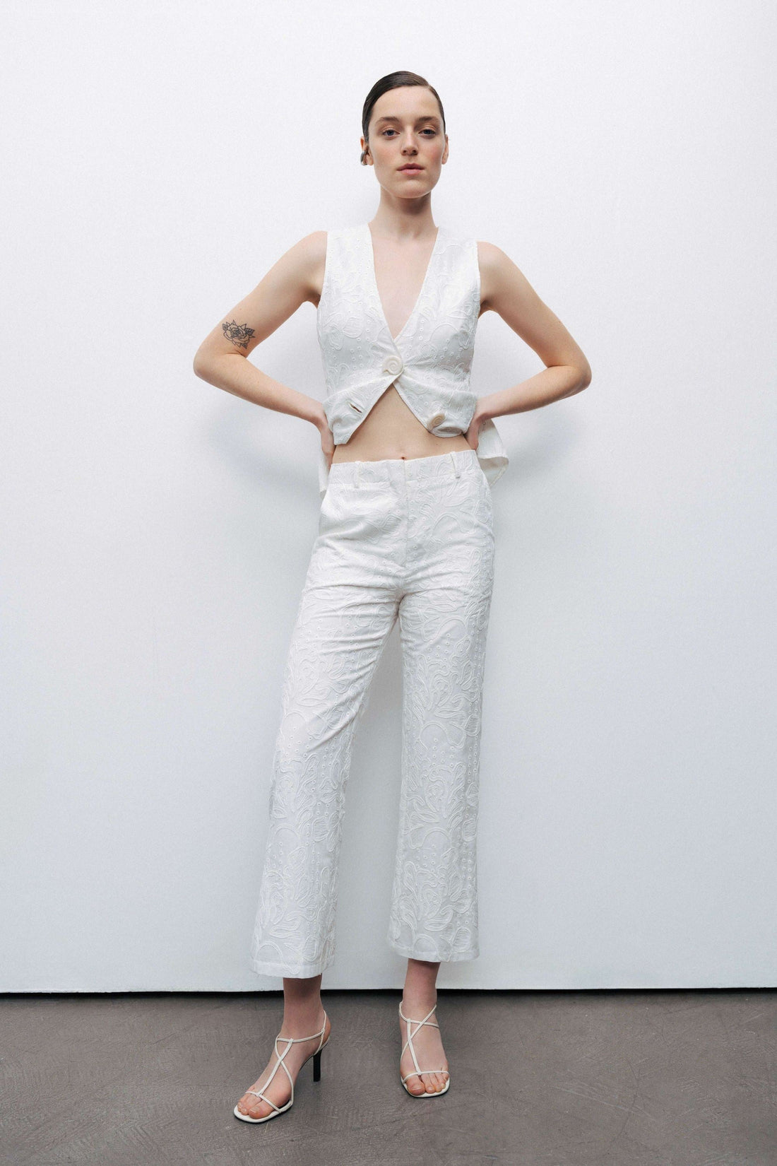 Off - White Floral Embroidered Trousers