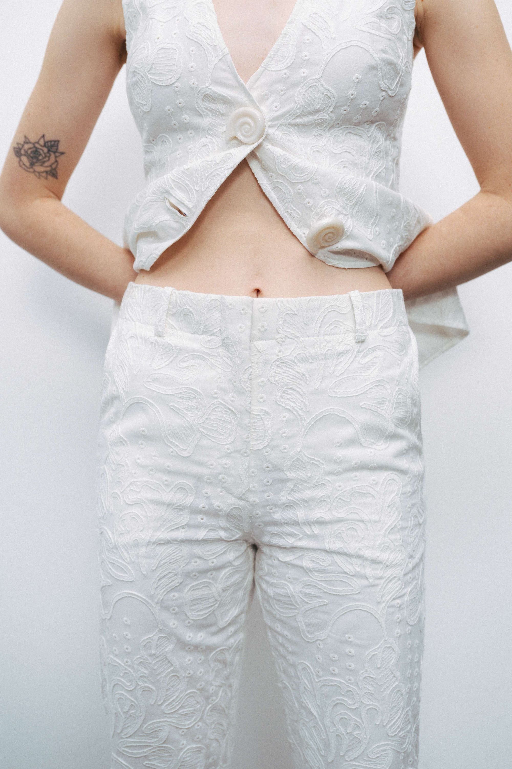 Off - White Floral Embroidered Trousers