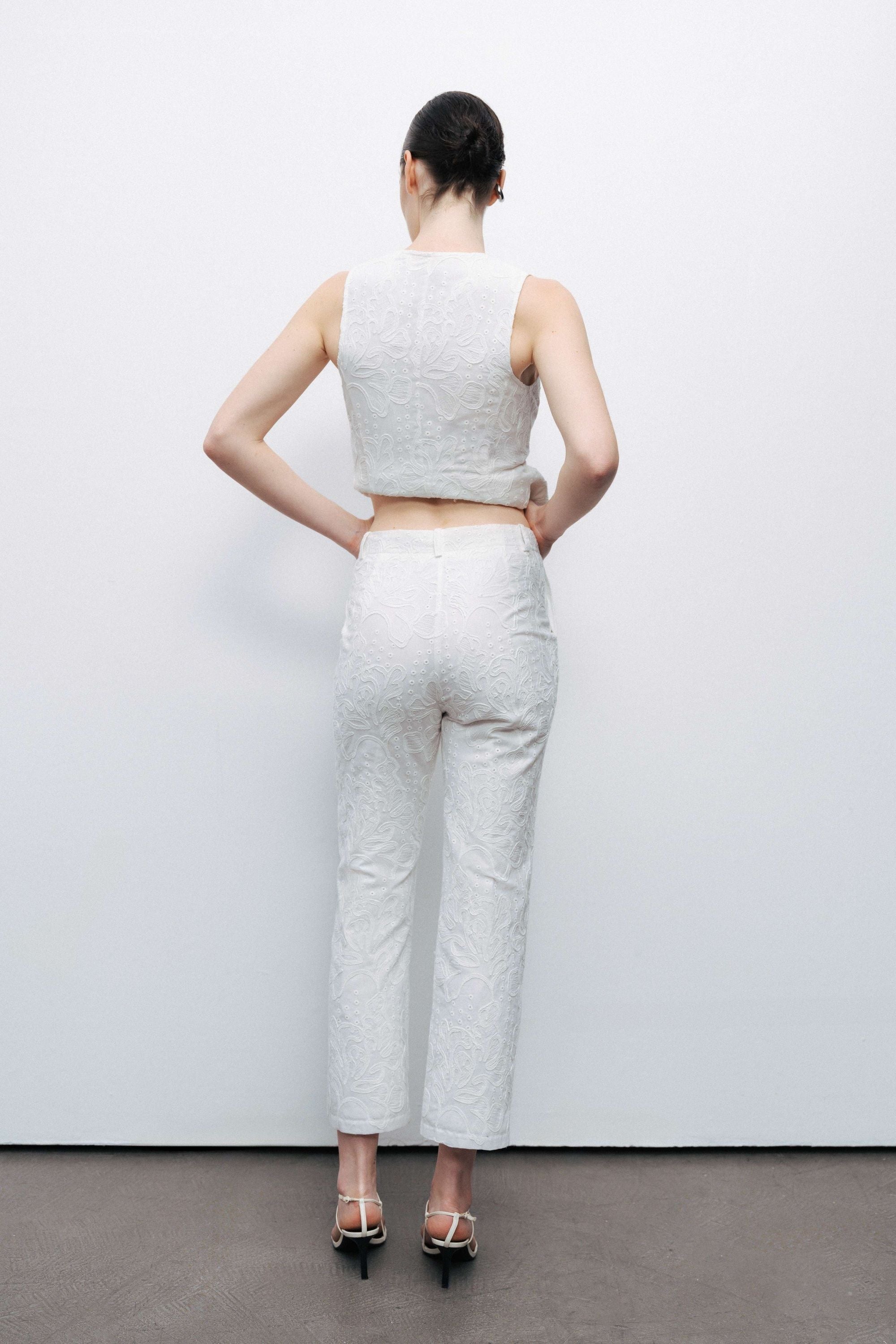 Off - White Floral Embroidered Trousers