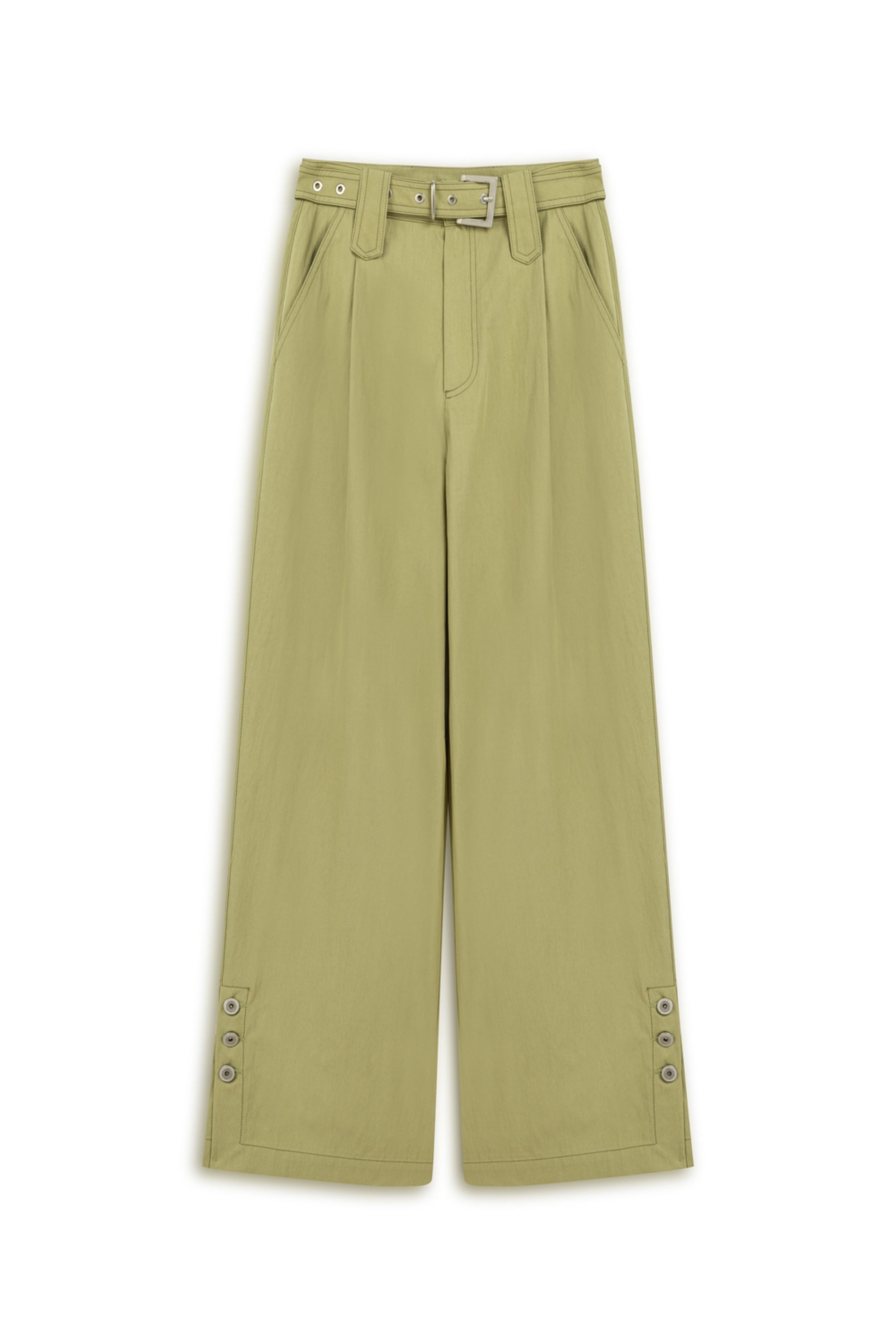 Olive Metal Buckle Detailed Belted Trousers