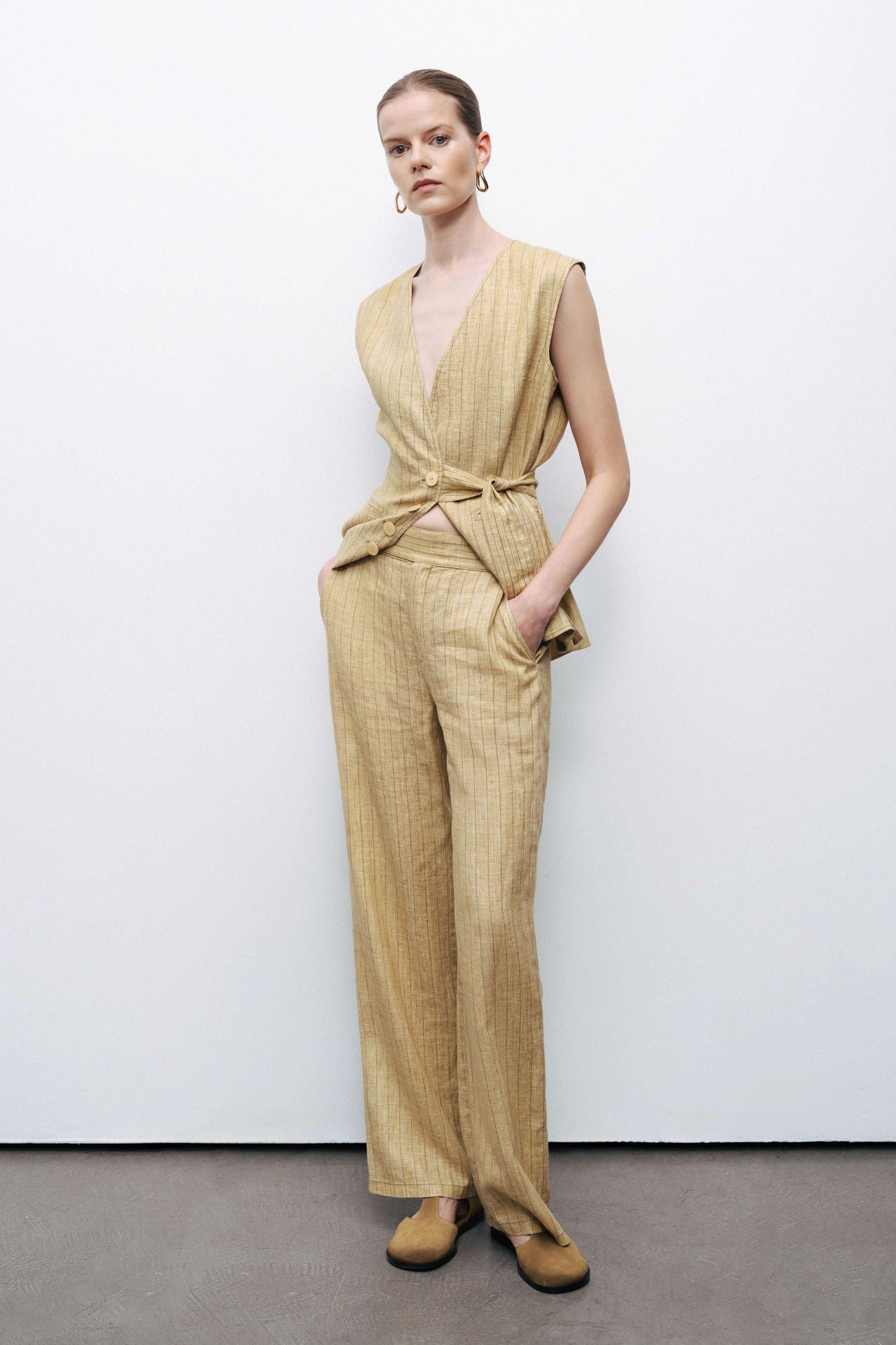 Linen Striped High-Waist Pants