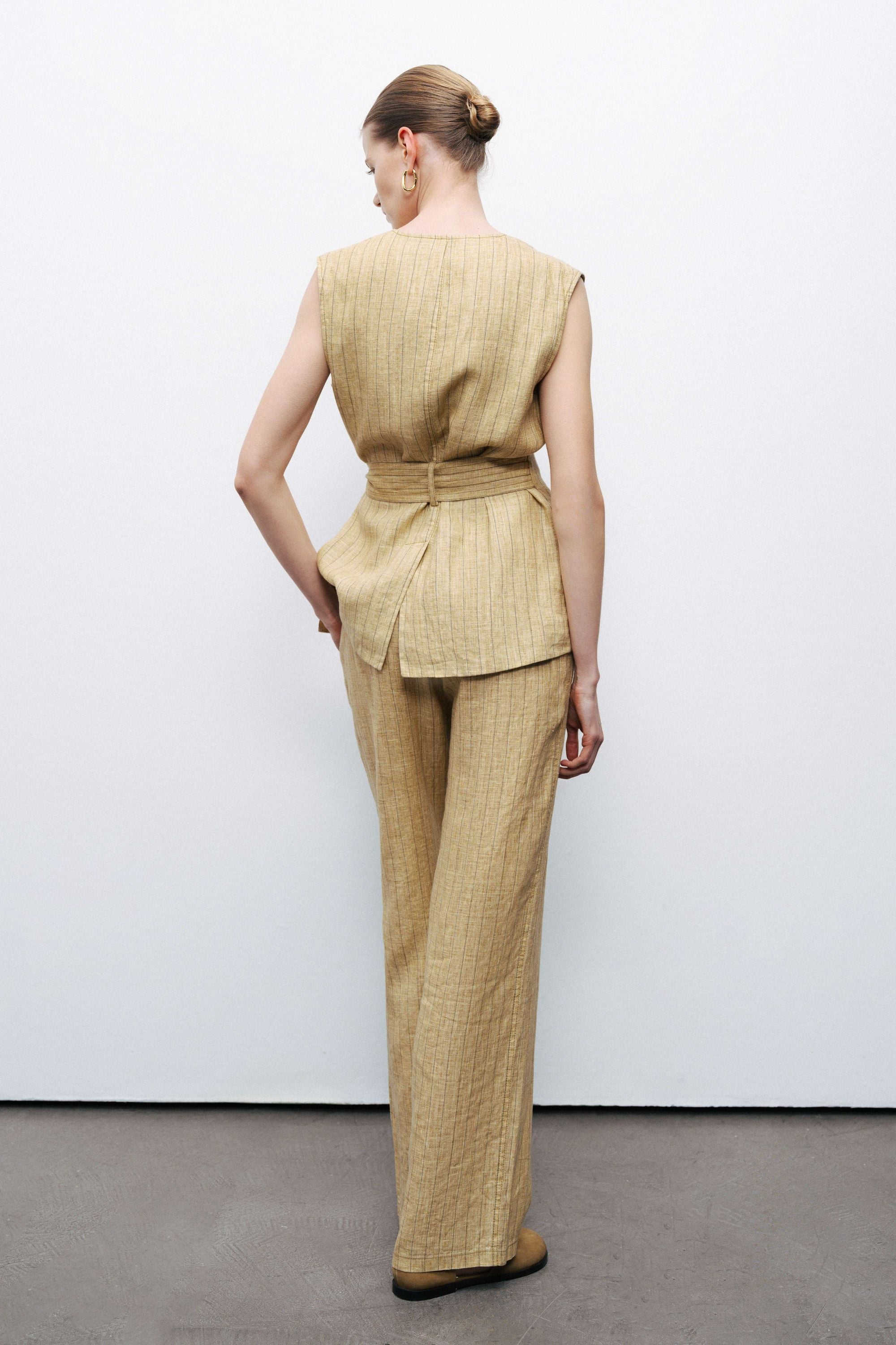 Linen Striped High-Waist Pants