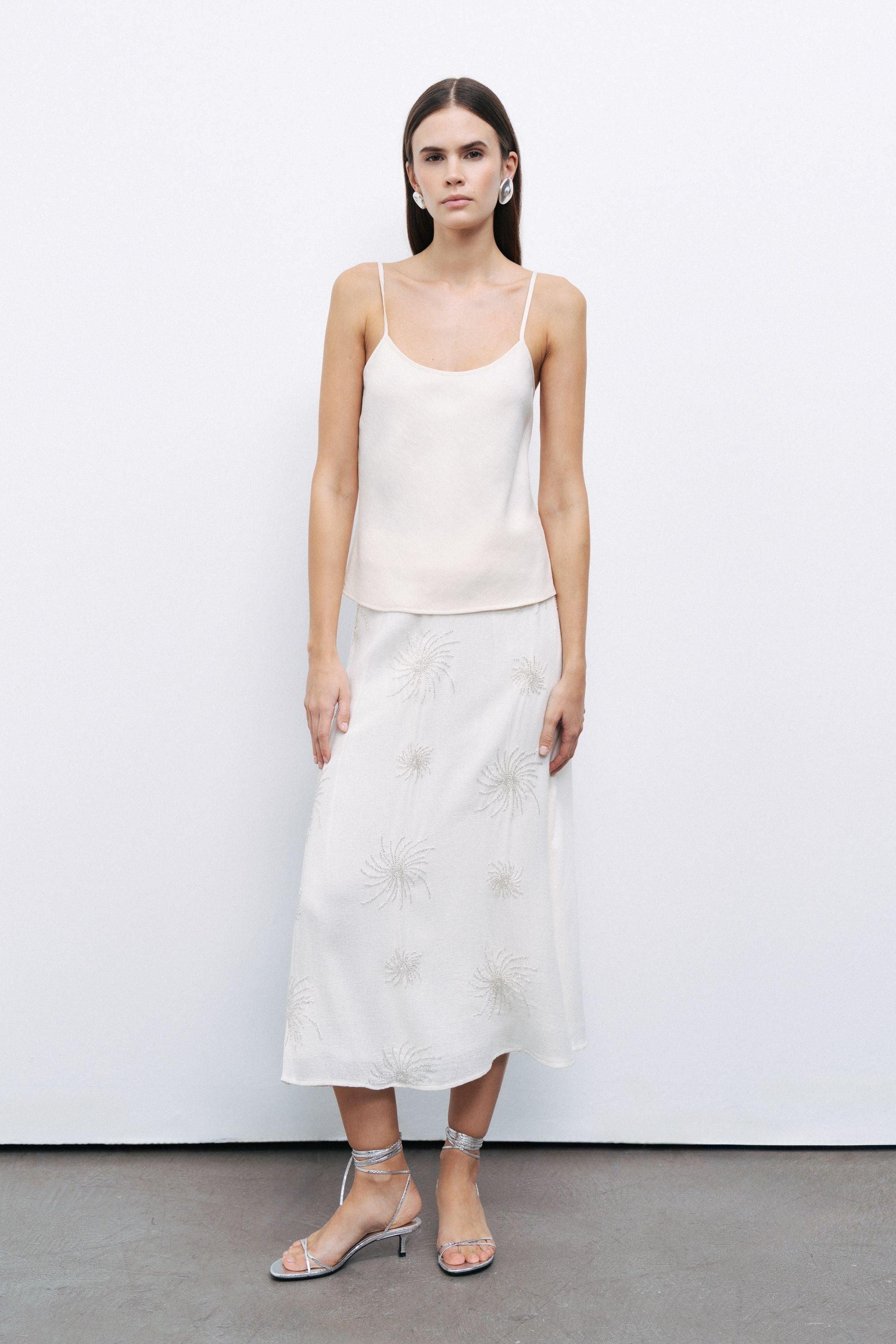 White Beaded Embroidered Midi Skirt
