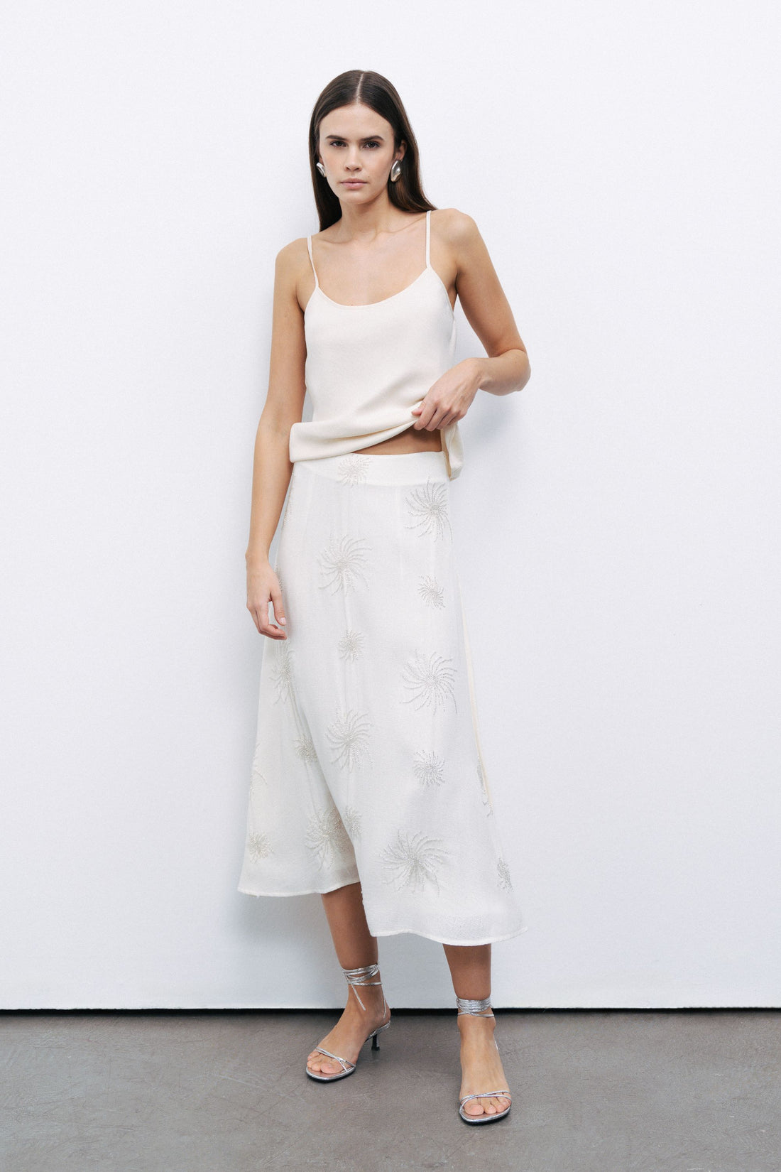 White Beaded Embroidered Midi Skirt