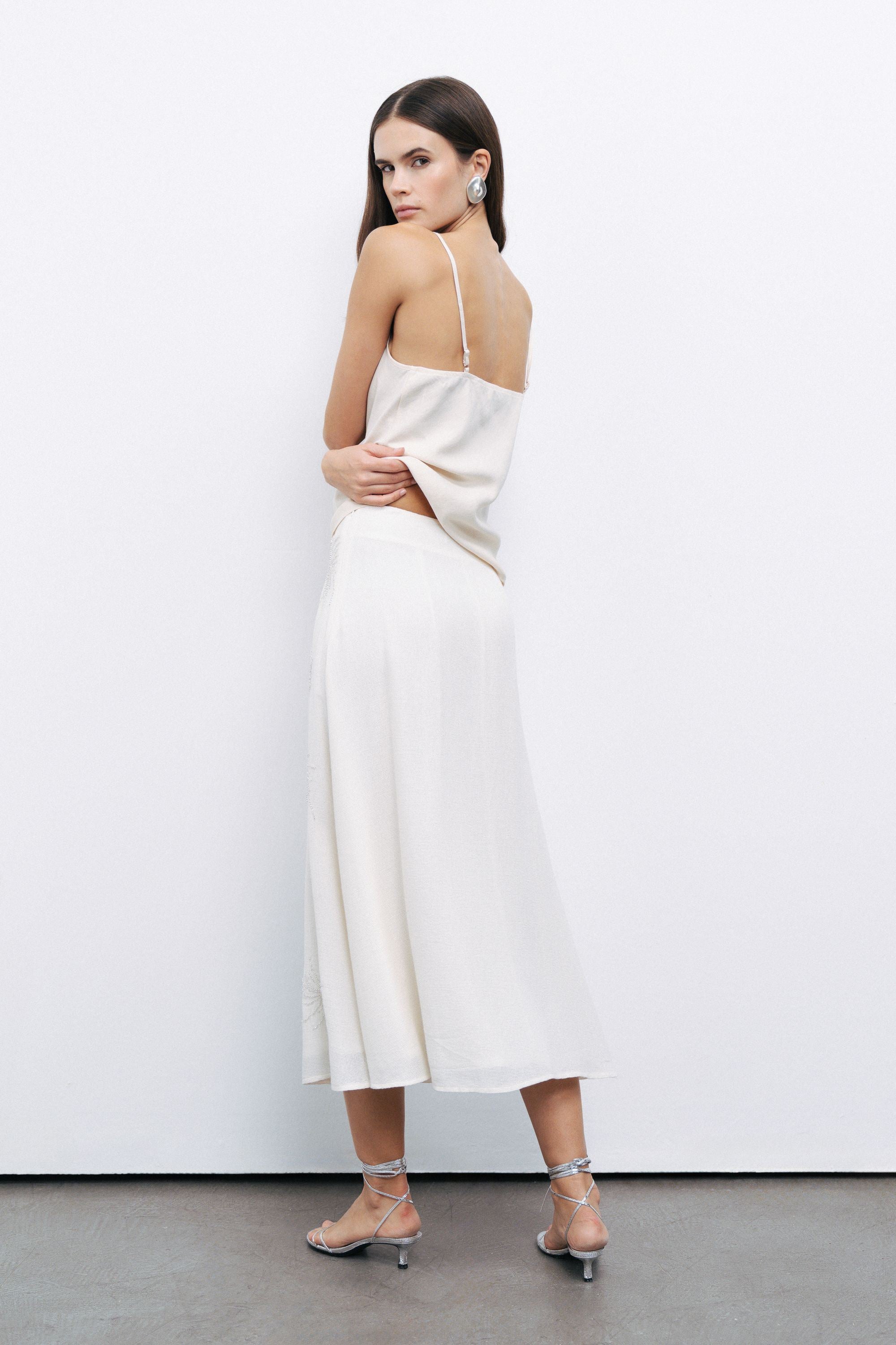 White Beaded Embroidered Midi Skirt