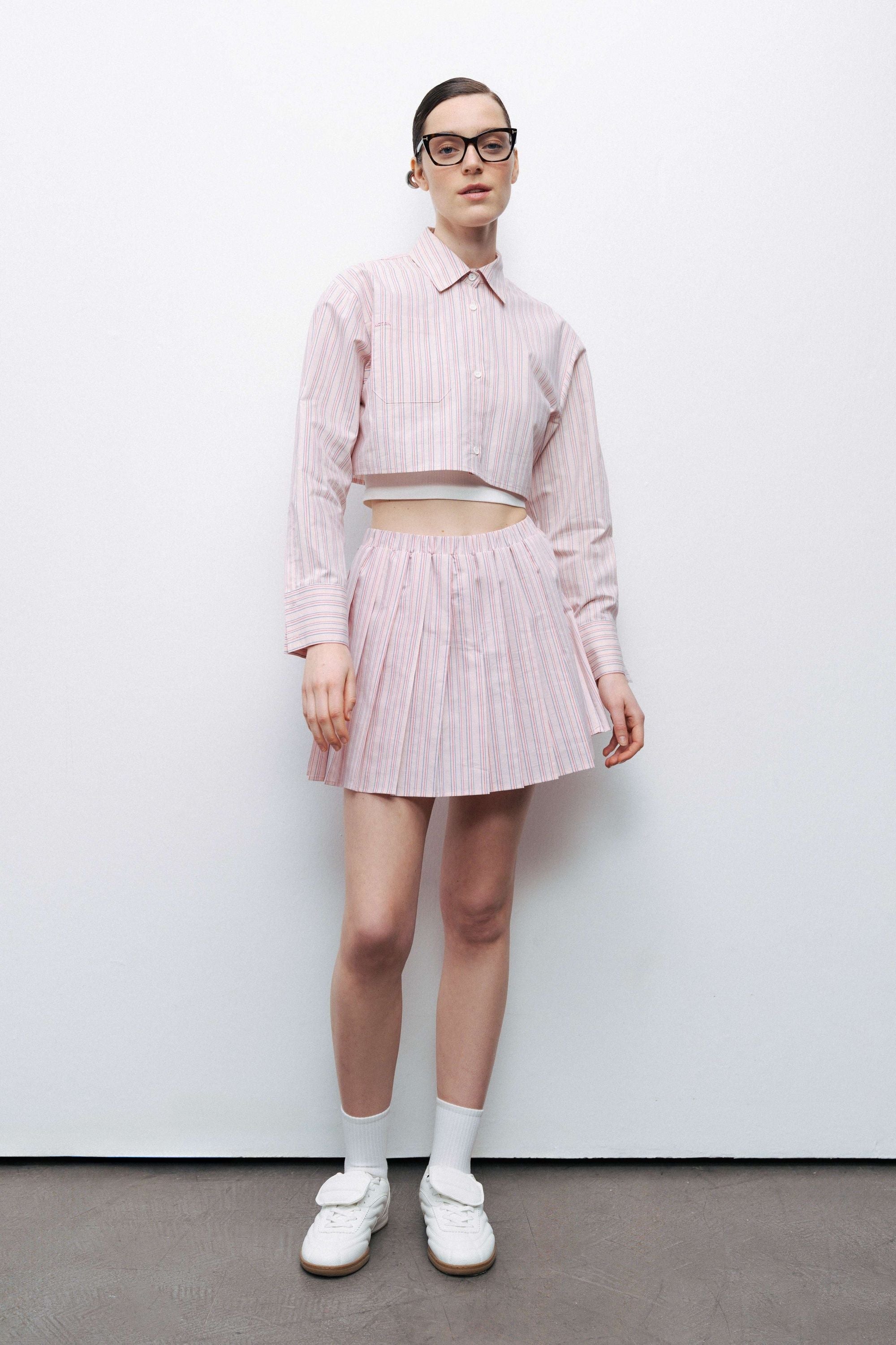 Pink Striped Pleated Mini Skirt