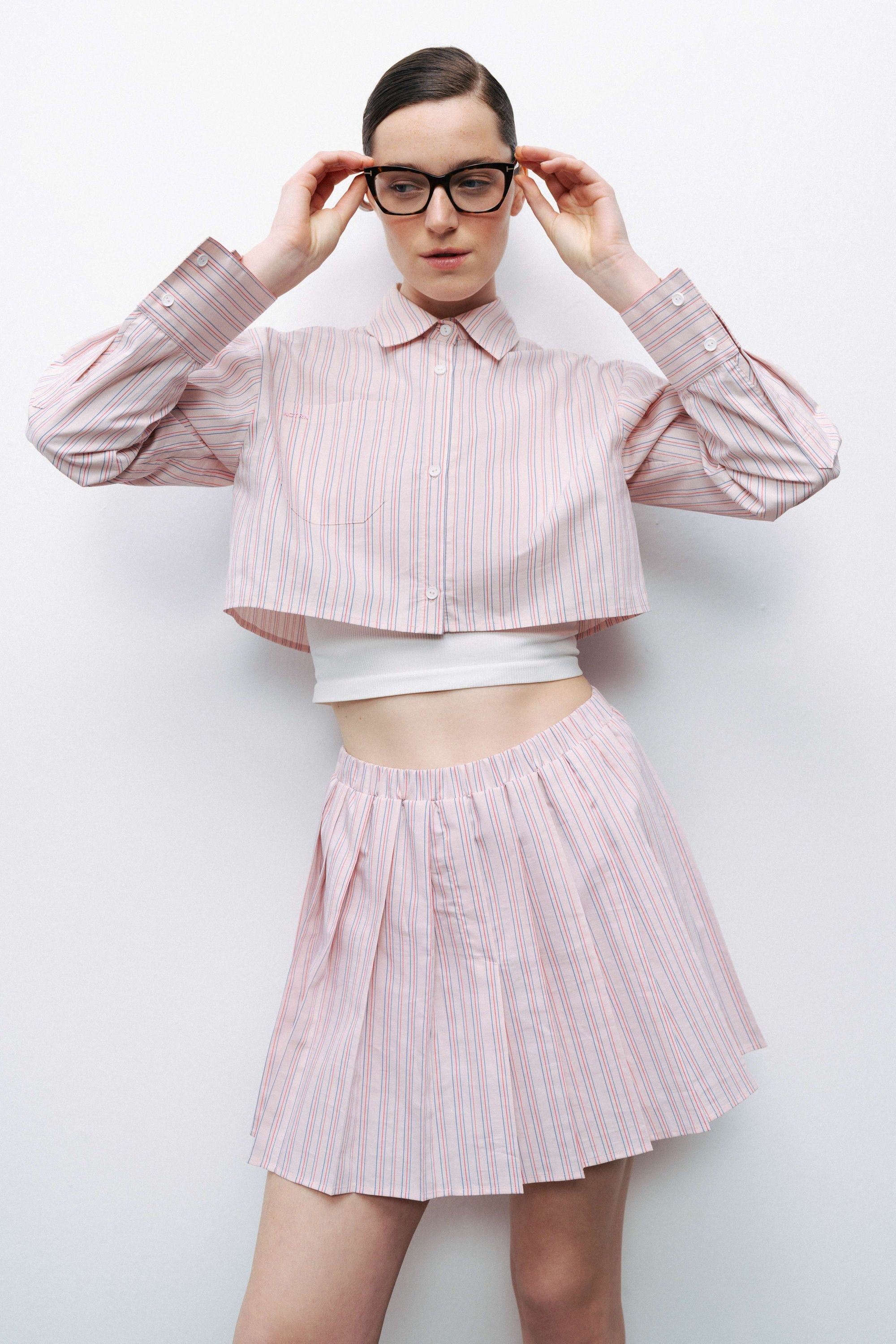 Pink Striped Pleated Mini Skirt