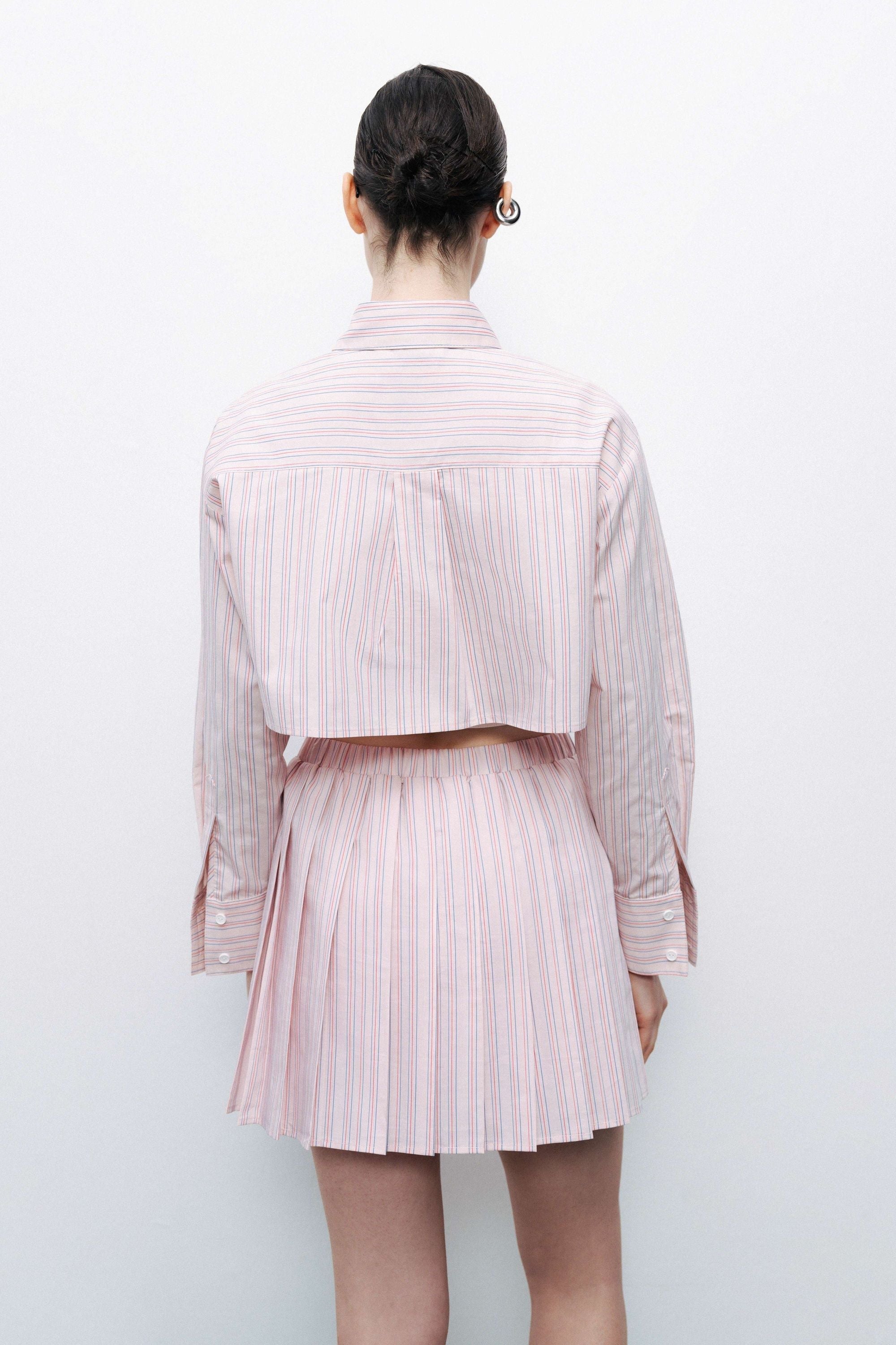 Pink Striped Pleated Mini Skirt
