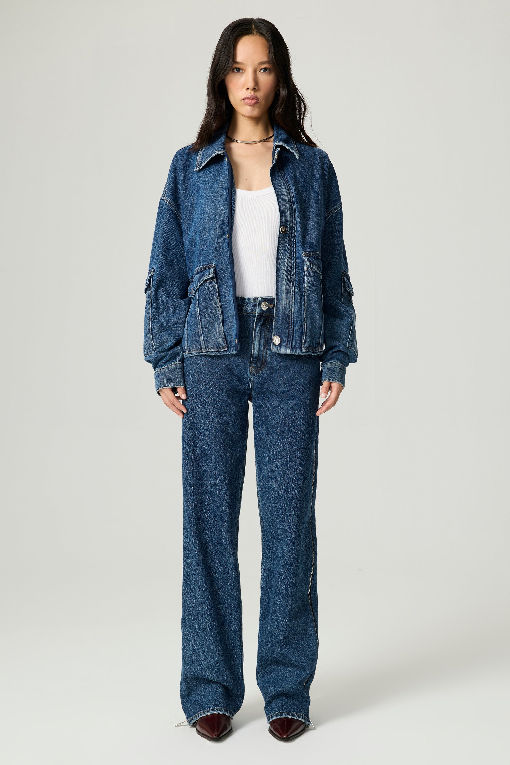 Zip Accent Straight-Leg Denim Pants