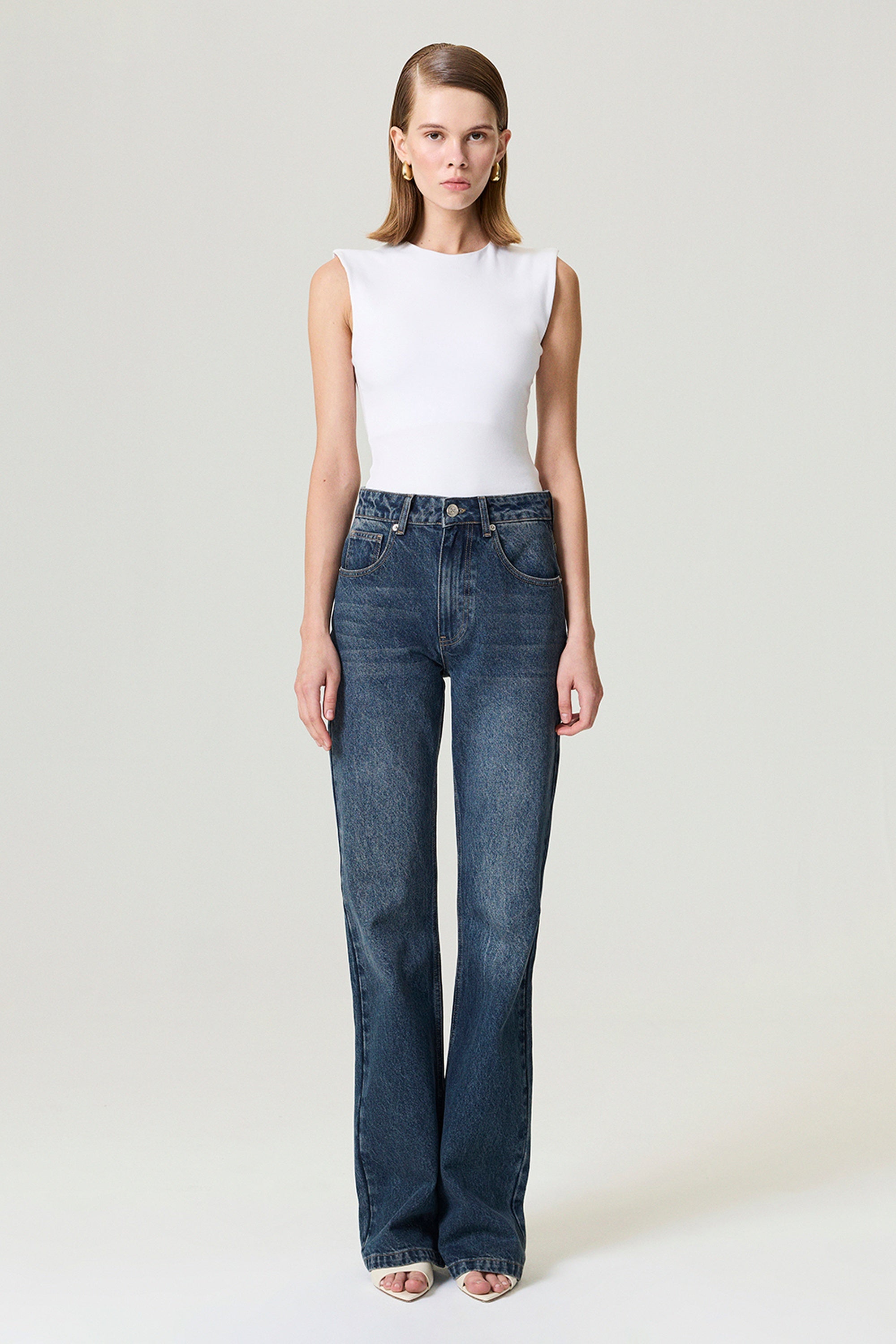 Zippered Flare-Leg Denim Pants