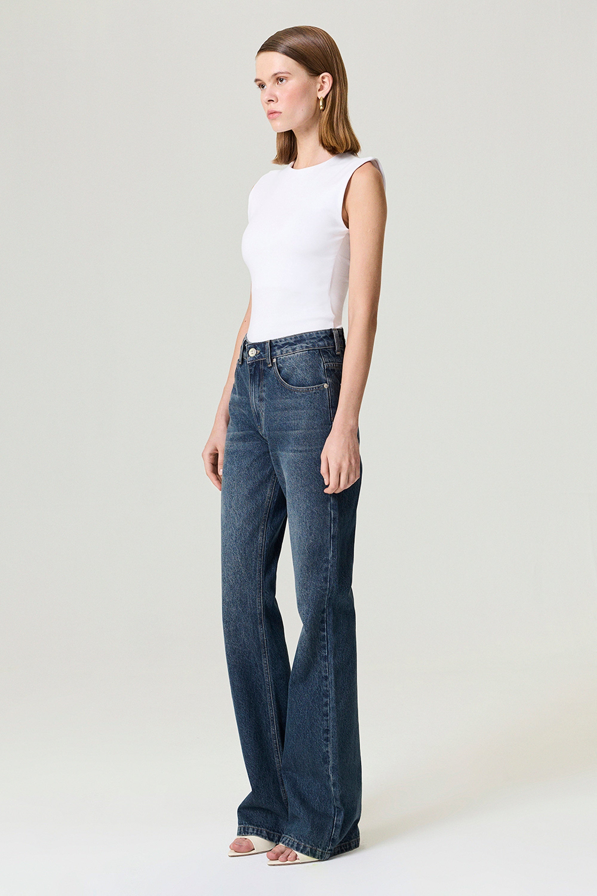 Zippered Flare-Leg Denim Pants