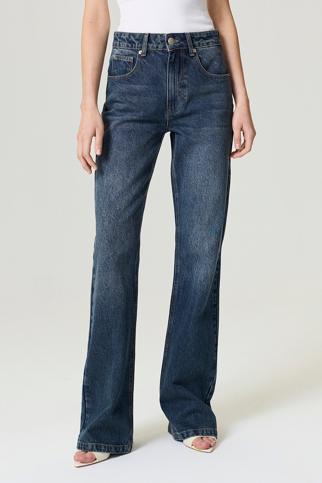 Zippered Flare-Leg Denim Pants