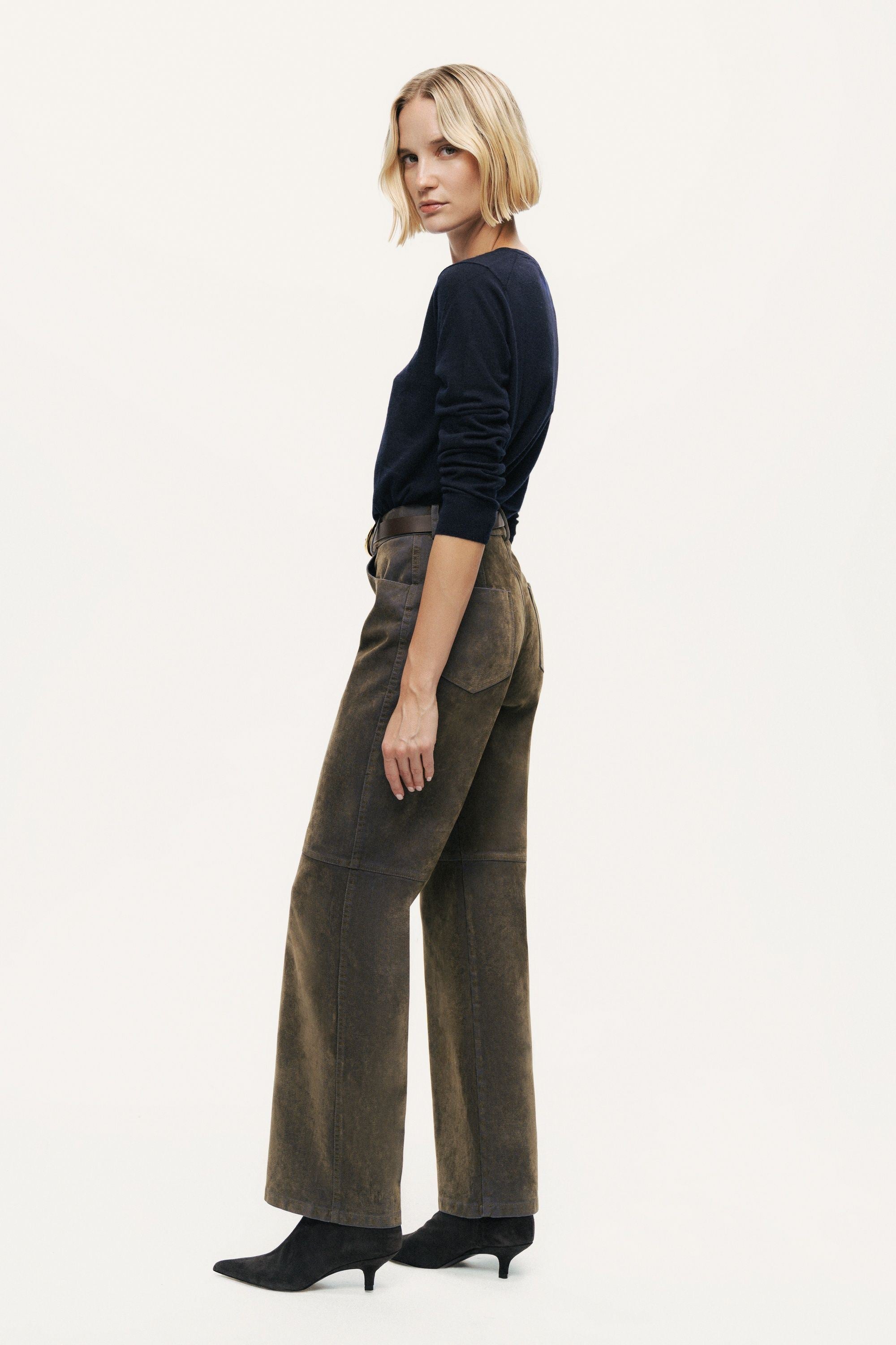 Suede Panel Straight-Leg Pants
