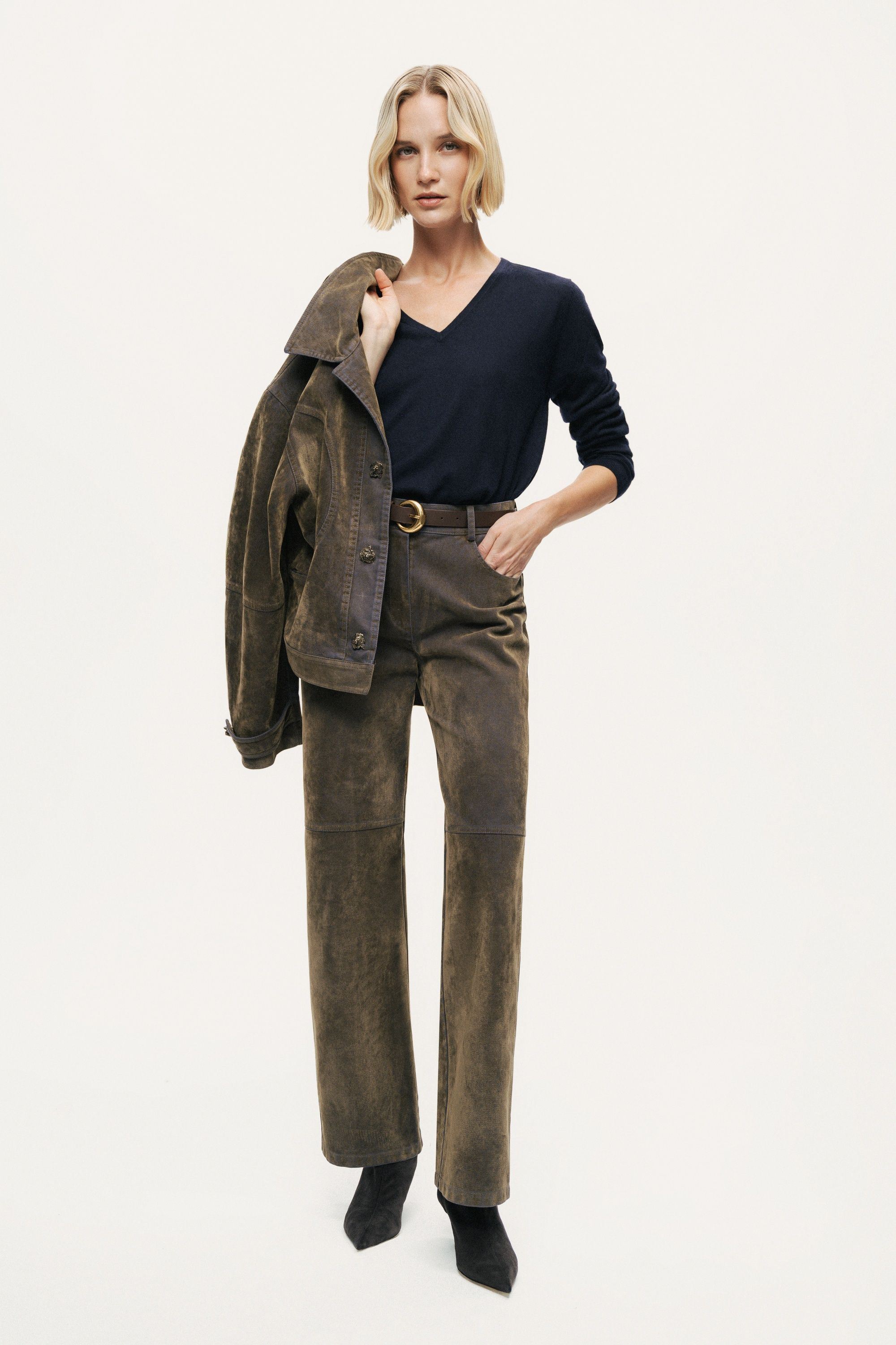 Suede Panel Straight-Leg Pants