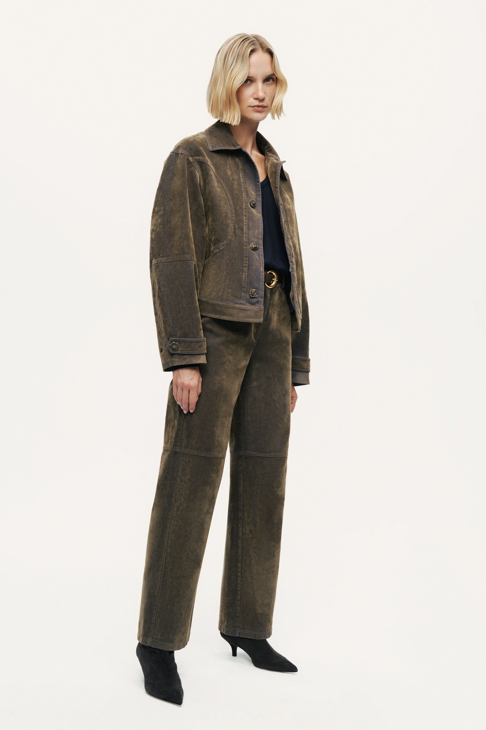 Suede Panel Straight-Leg Pants