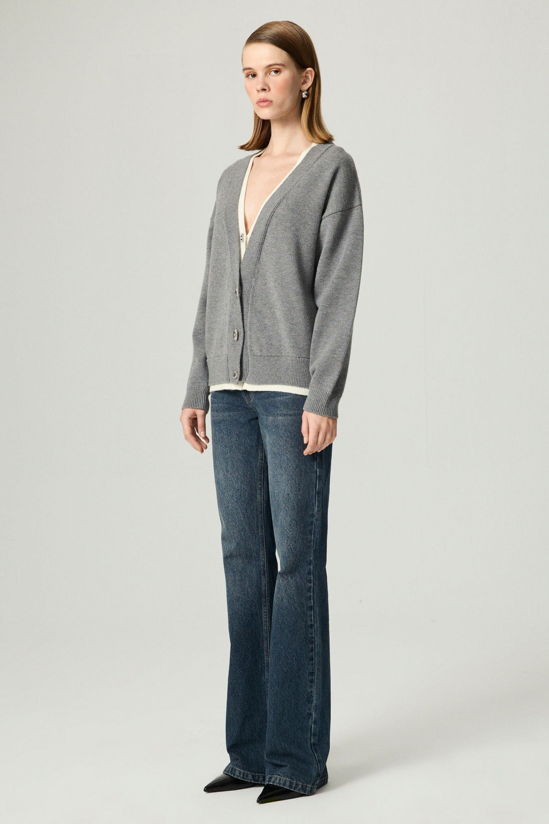 Crystal-Button V-Neck Cardigan