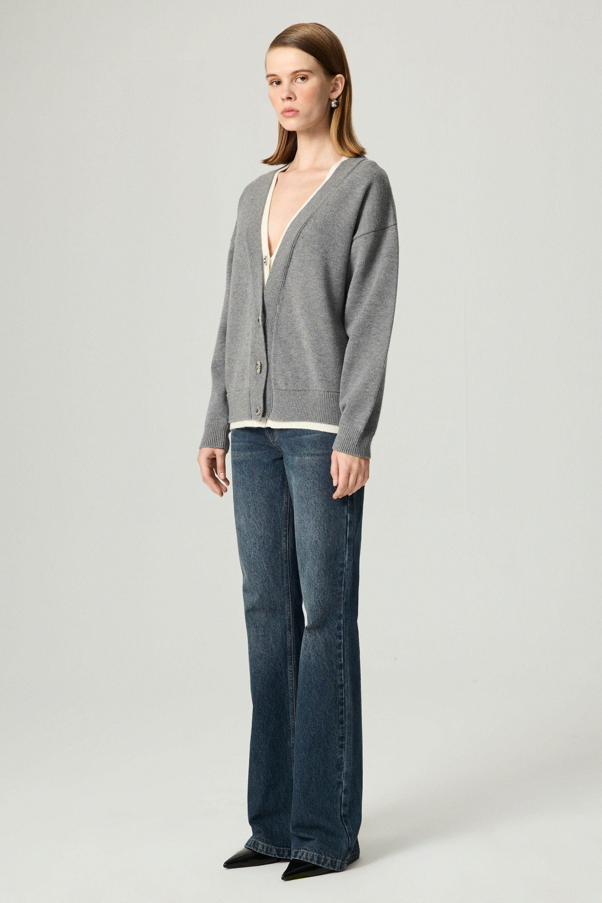 Crystal-Button V-Neck Cardigan