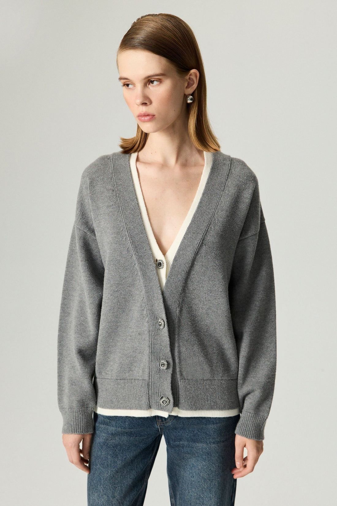 Crystal-Button V-Neck Cardigan