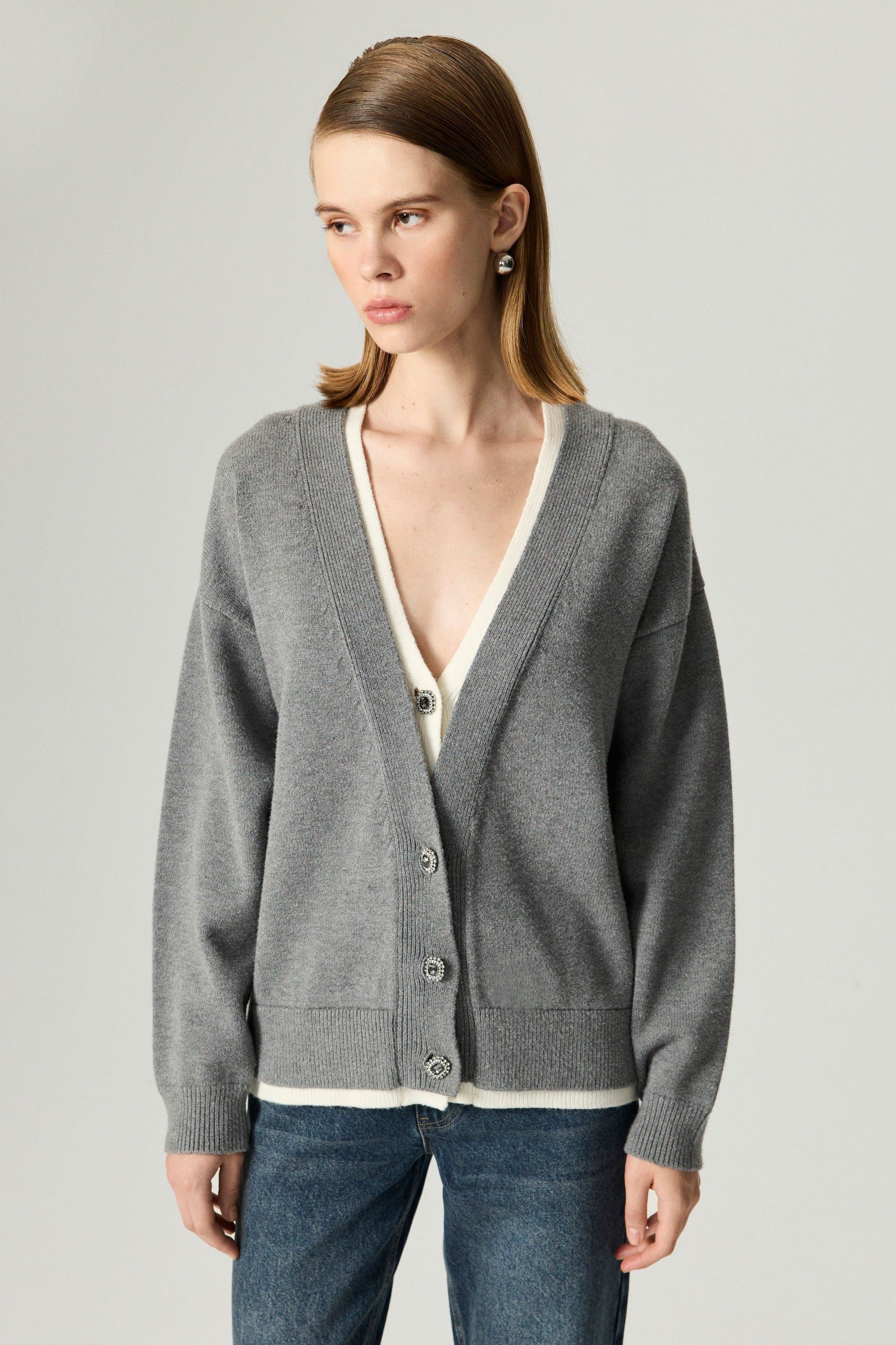 Crystal-Button V-Neck Cardigan