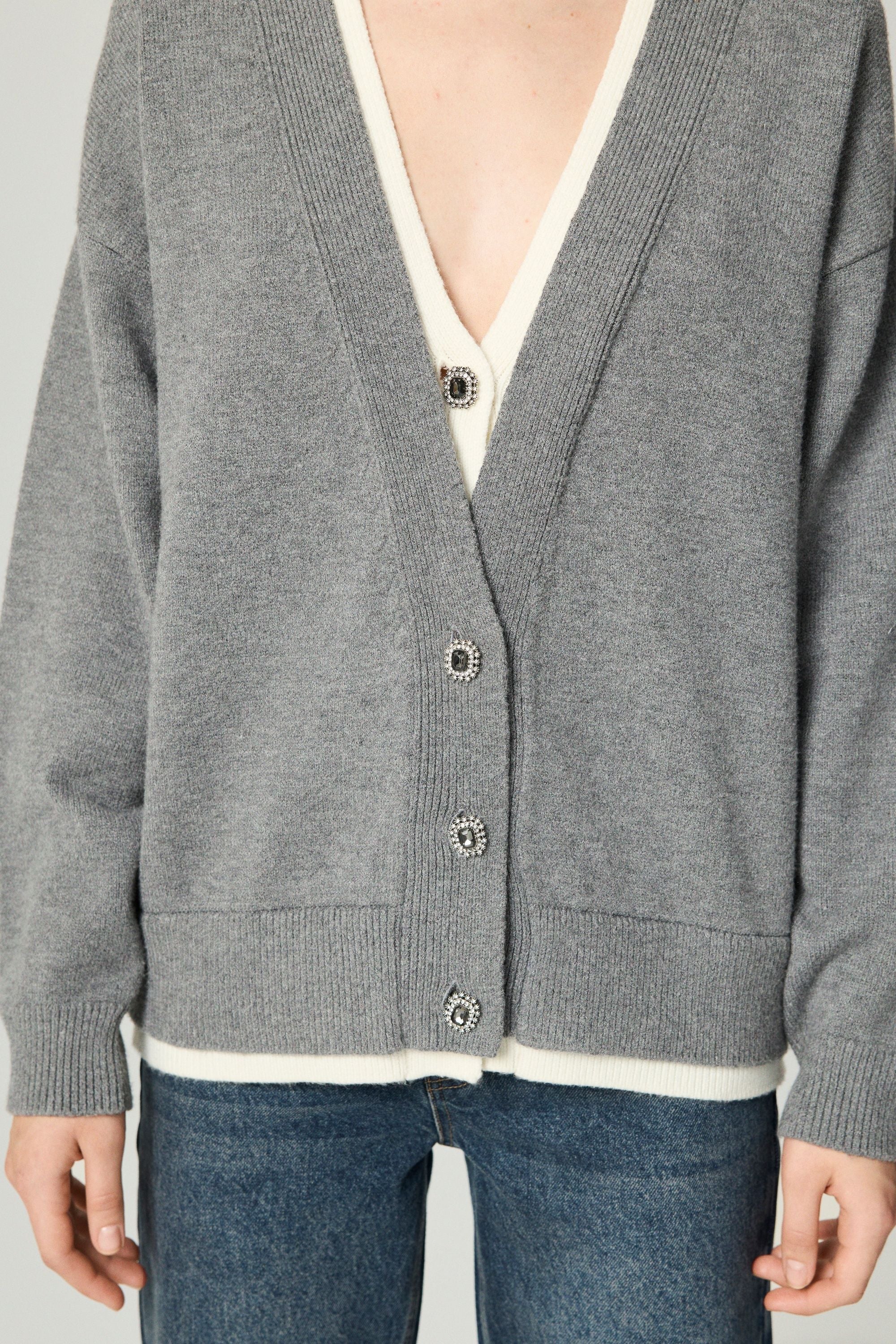 Crystal-Button V-Neck Cardigan
