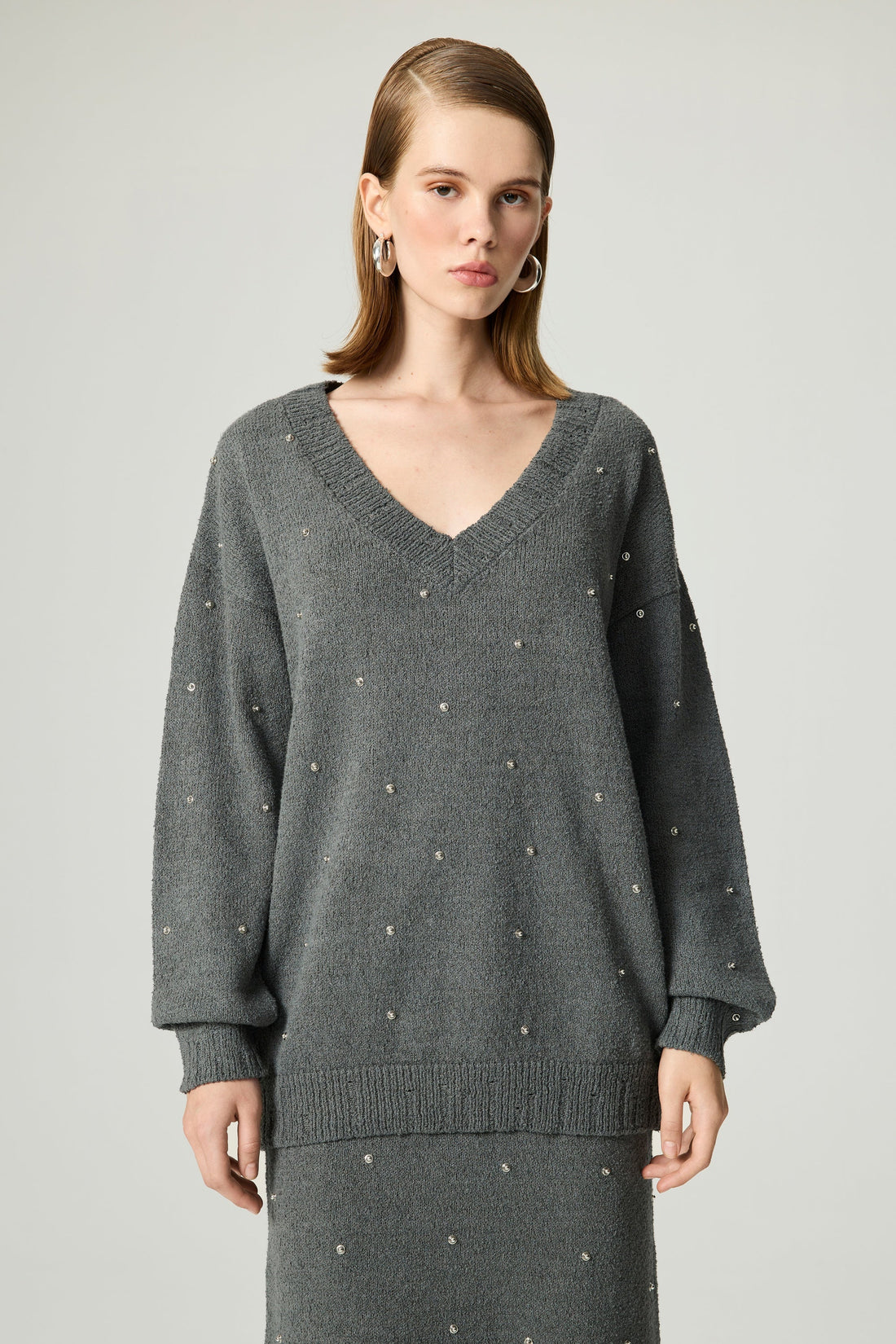 Embellished V-Neck Knit Sweater