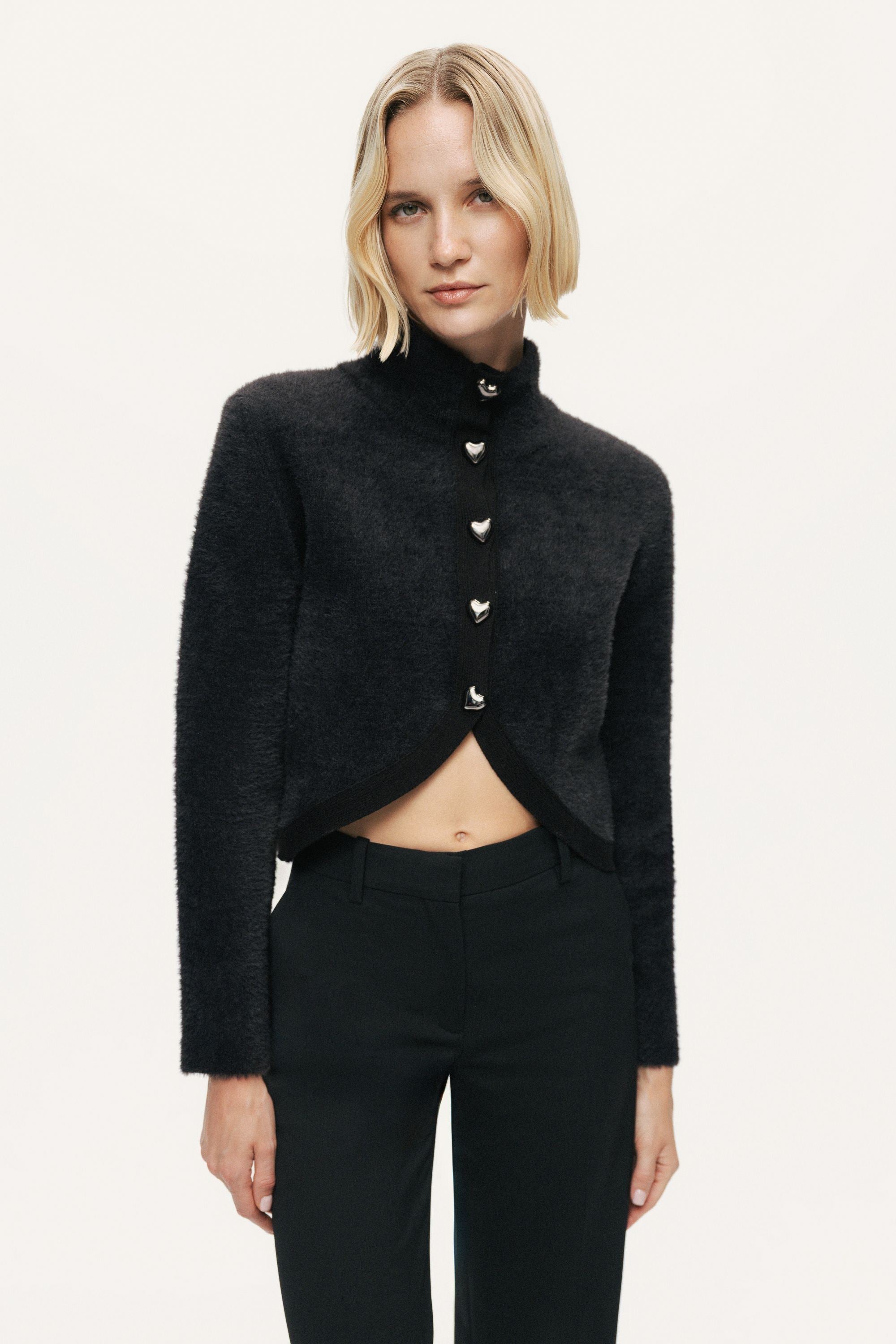 Heart-Button Cutaway Mock-Neck Cardigan