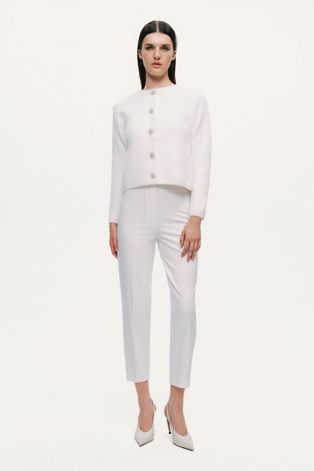 Cropped Pearl-Button Crewneck Cardigan