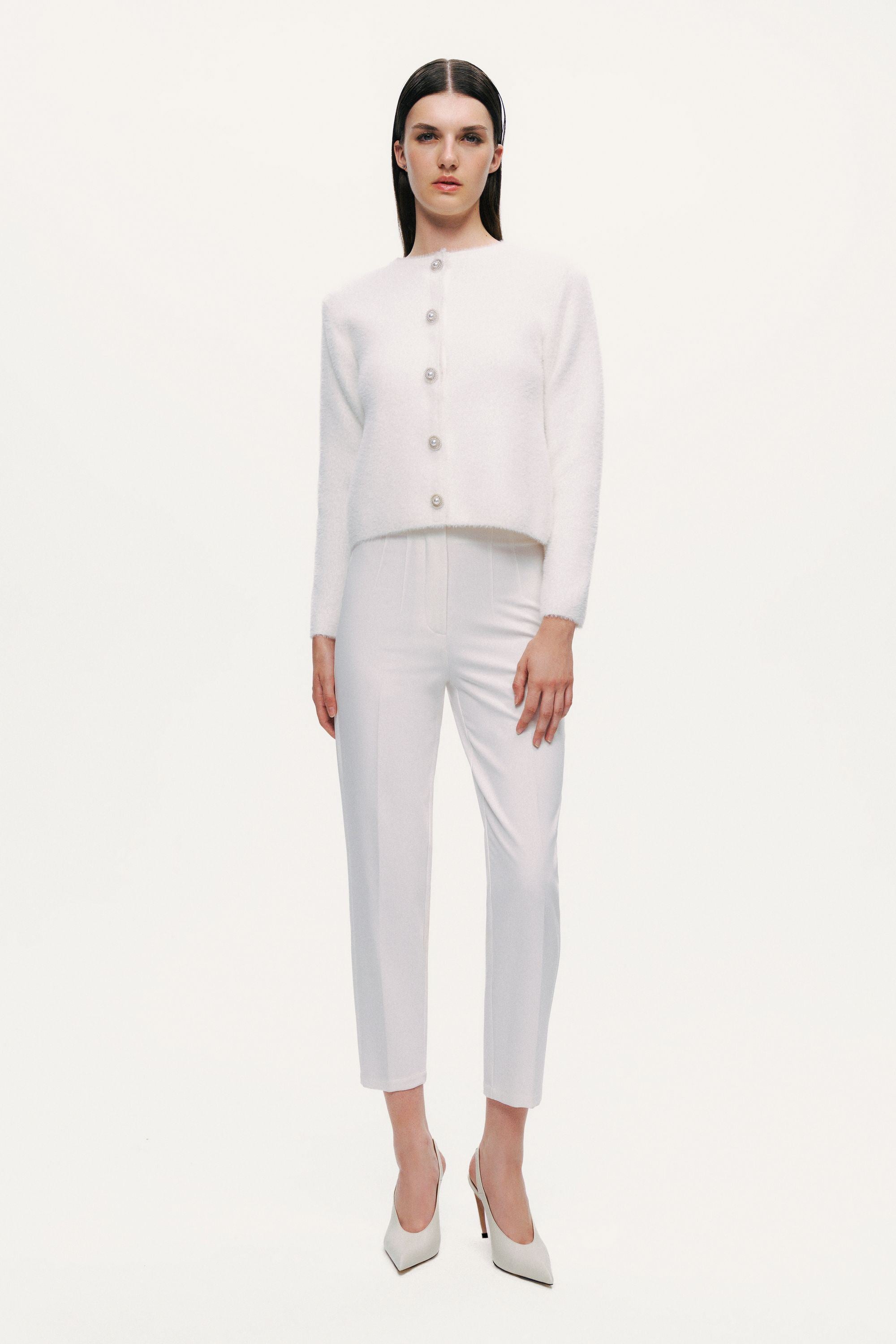 Cropped Pearl-Button Crewneck Cardigan