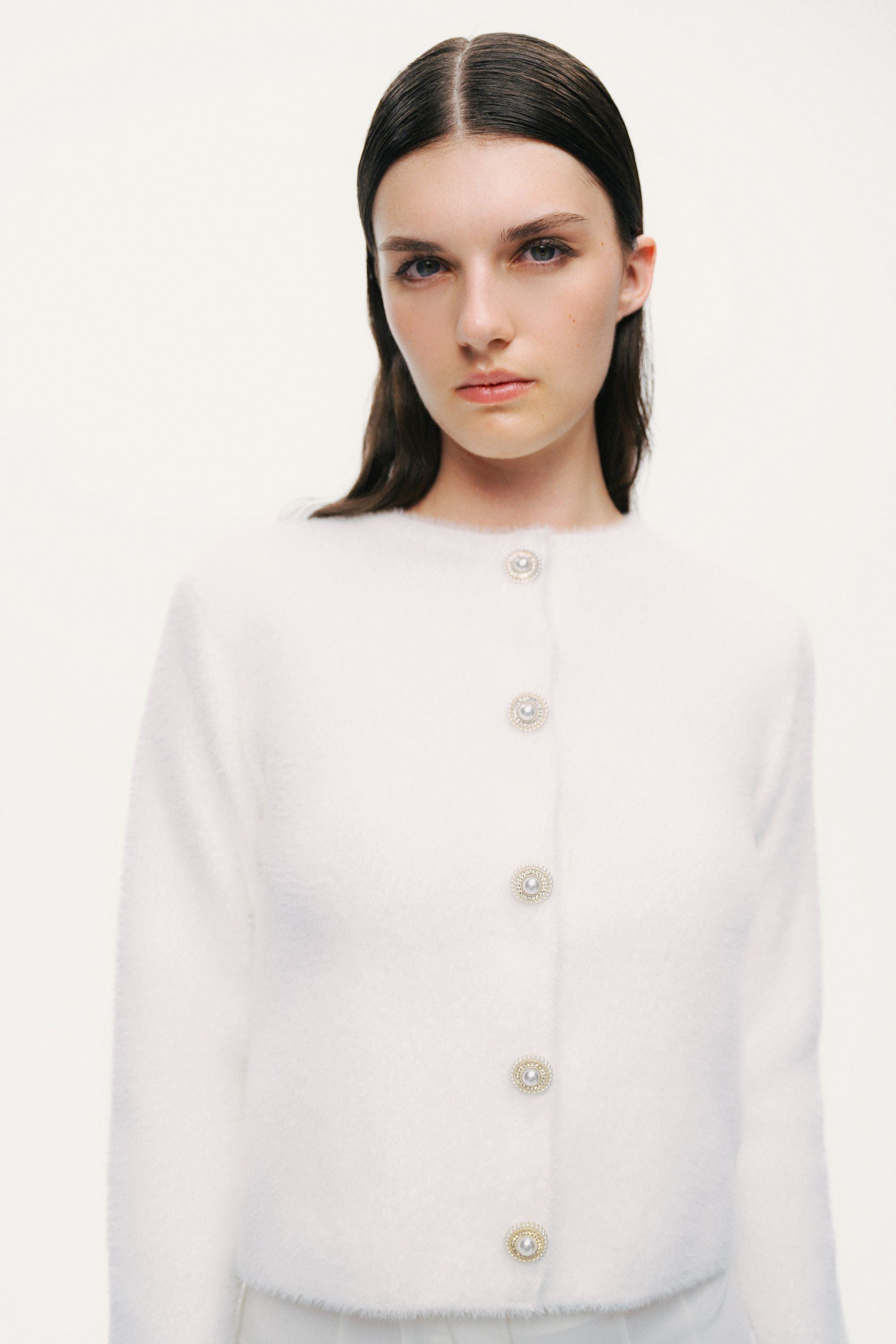 Cropped Pearl-Button Crewneck Cardigan