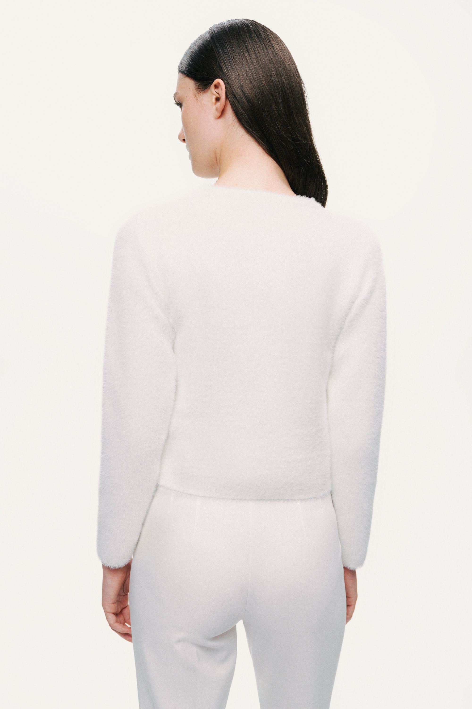 Cropped Pearl-Button Crewneck Cardigan