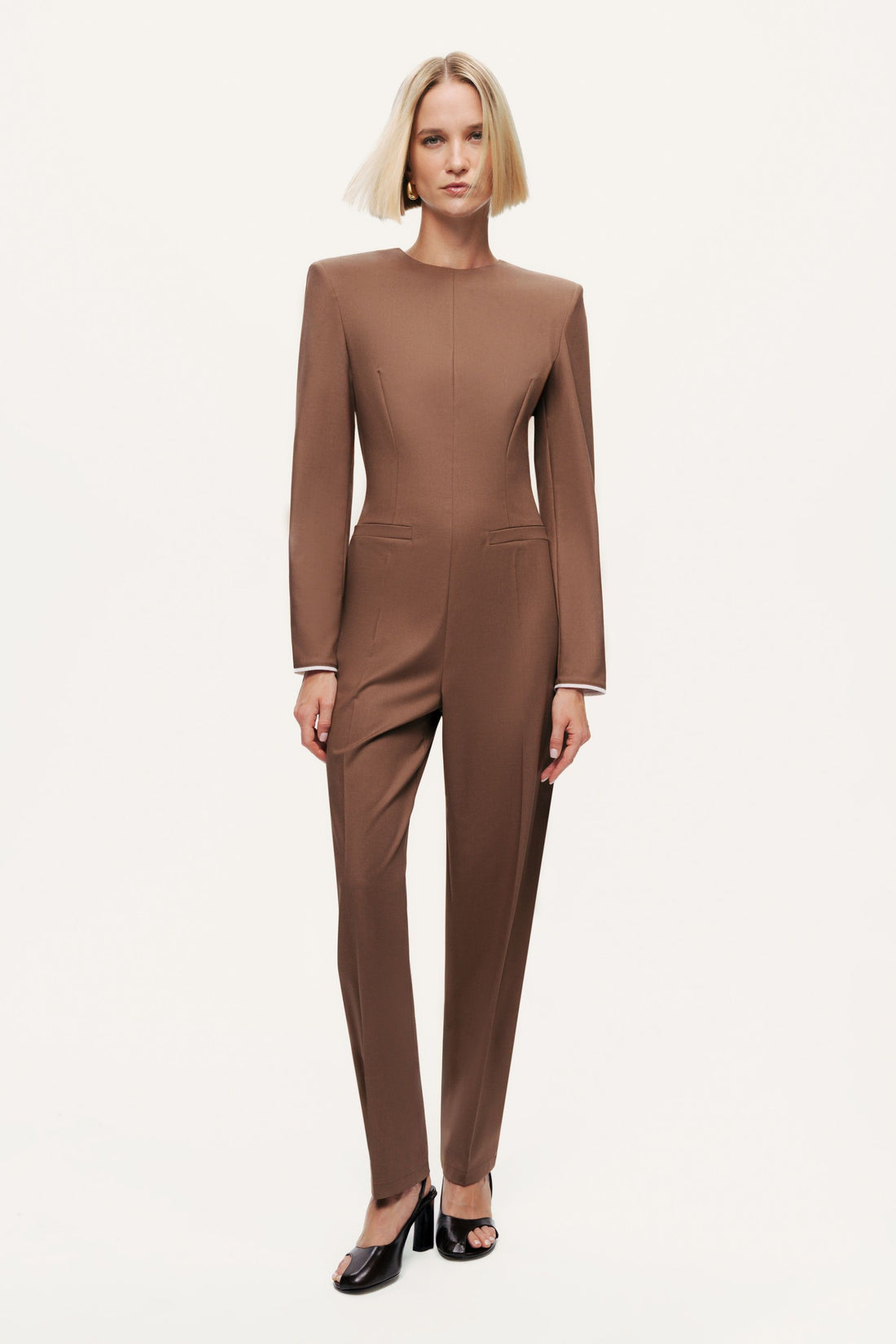 Sculpted-Shoulder Crew-Neck Jumpsuit