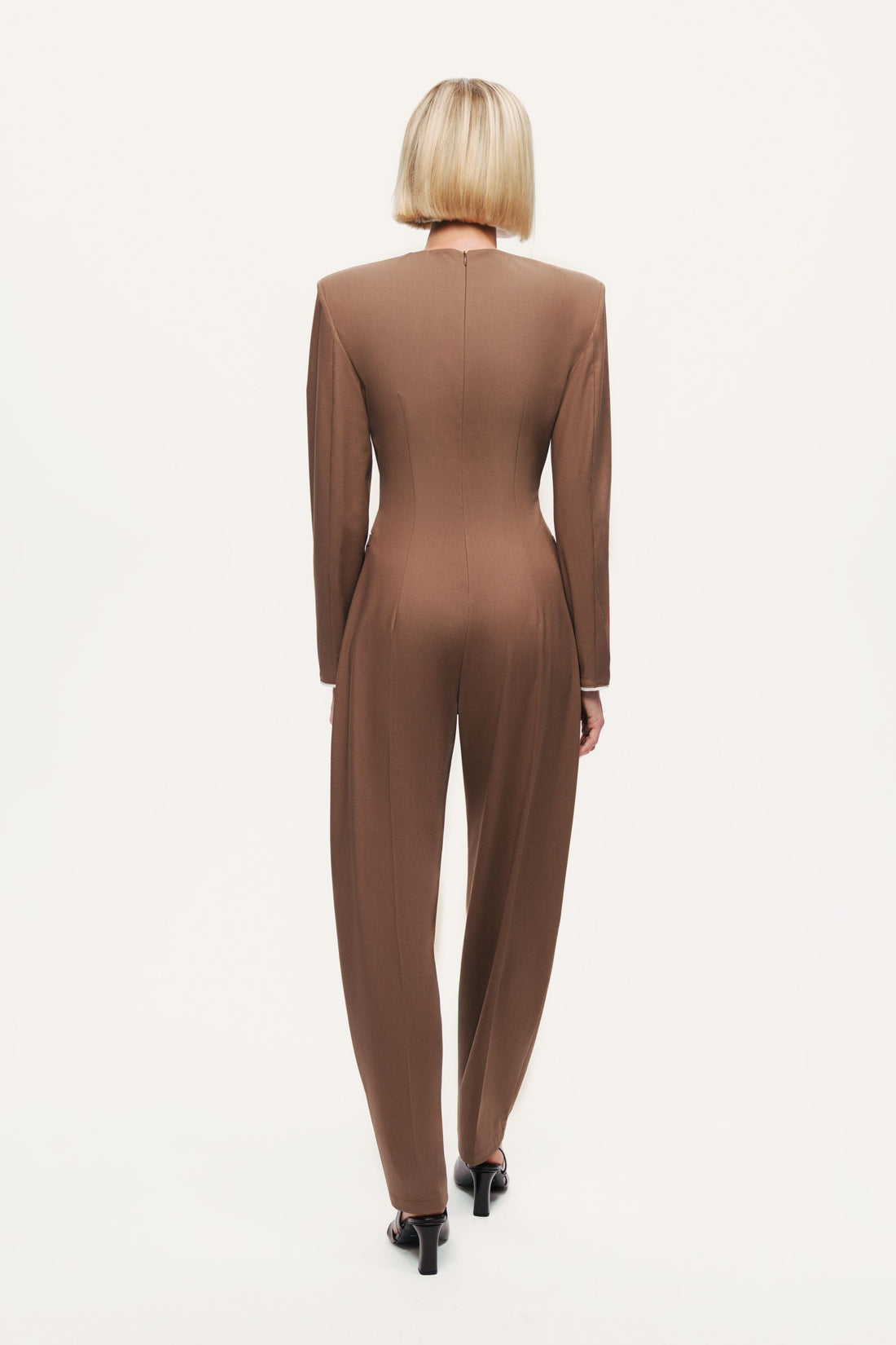 Sculpted-Shoulder Crew-Neck Jumpsuit