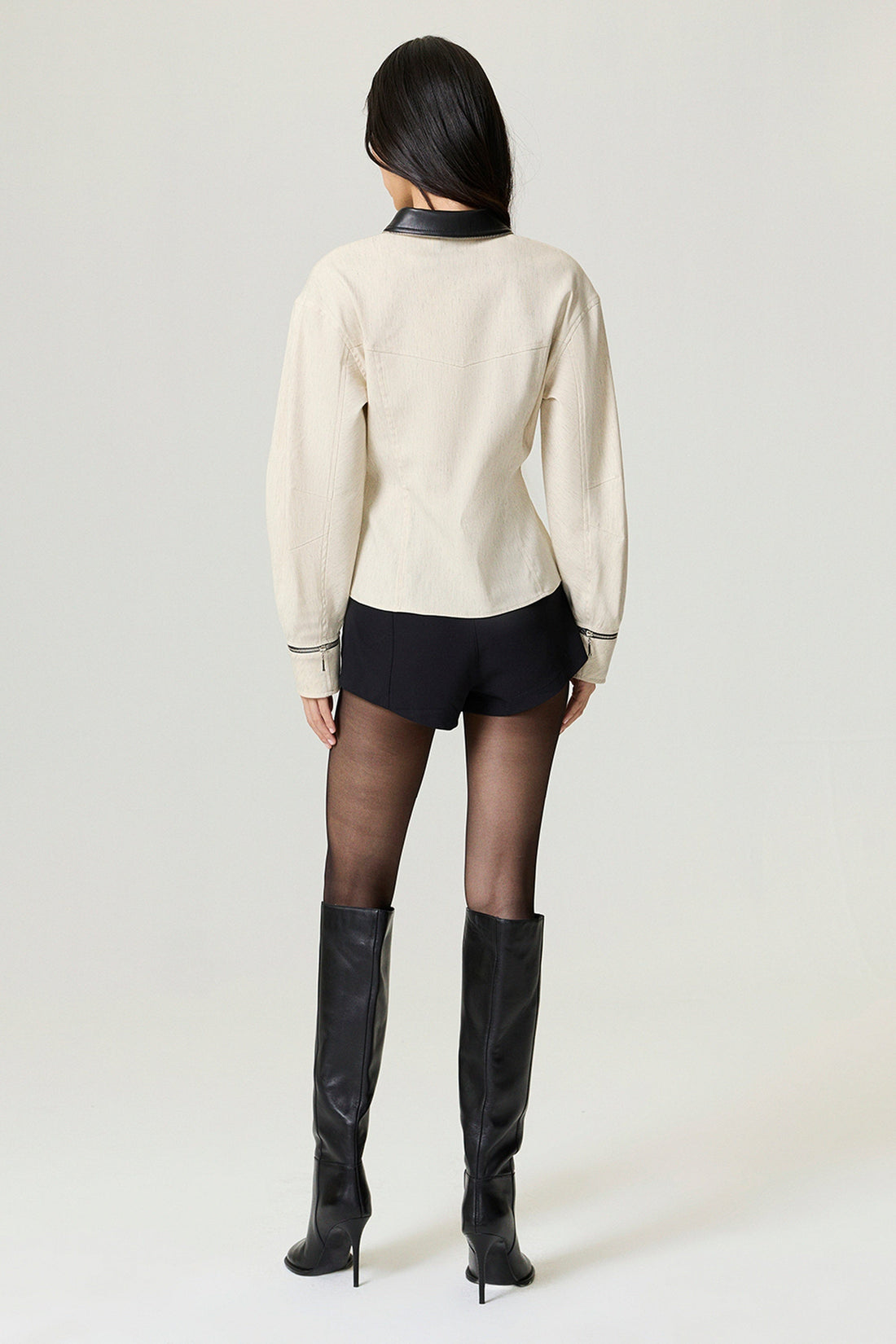 Contrast Collar Balloon-Sleeve Shirt