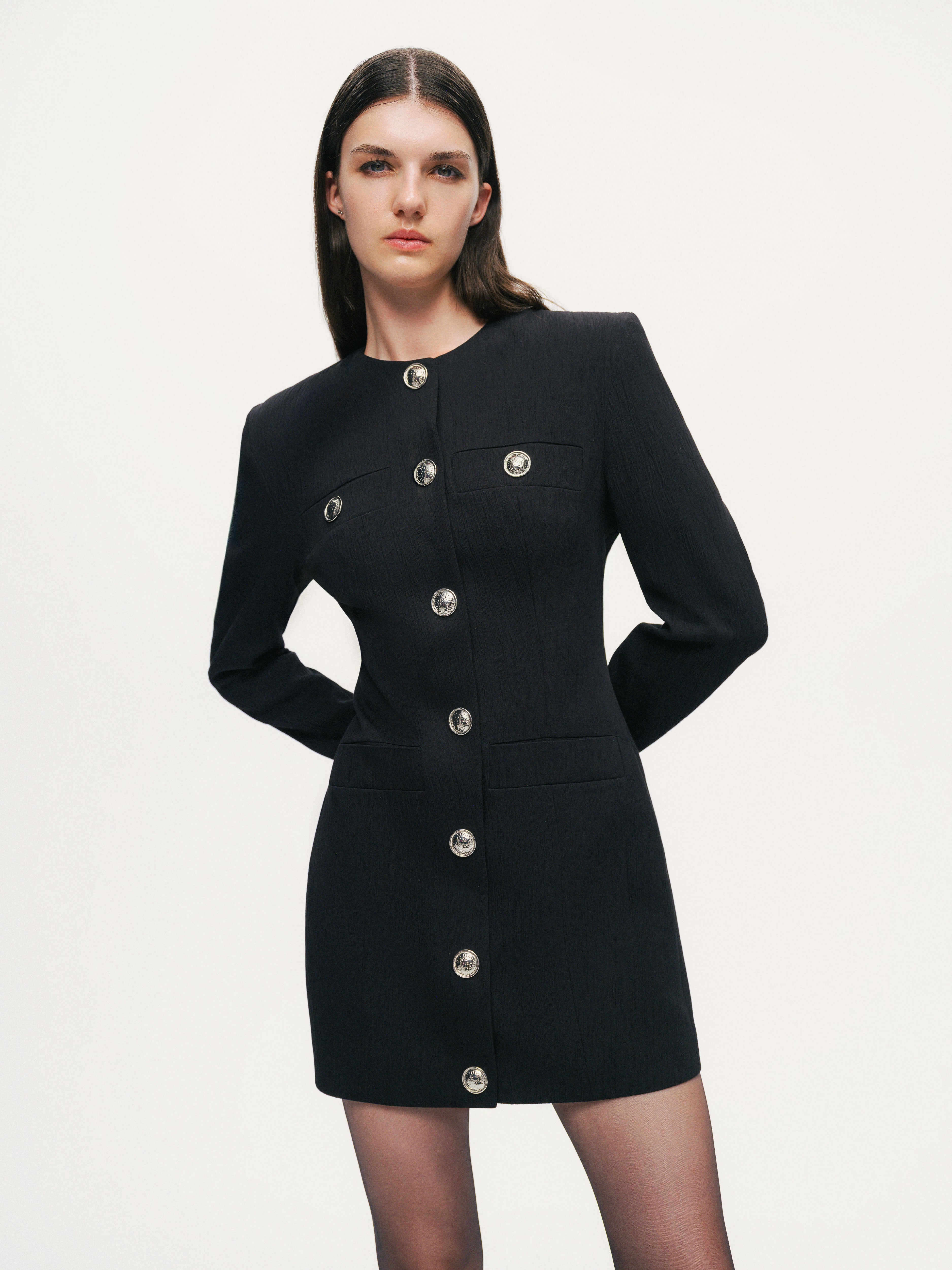 Black Padded Shoulder Mini Dress