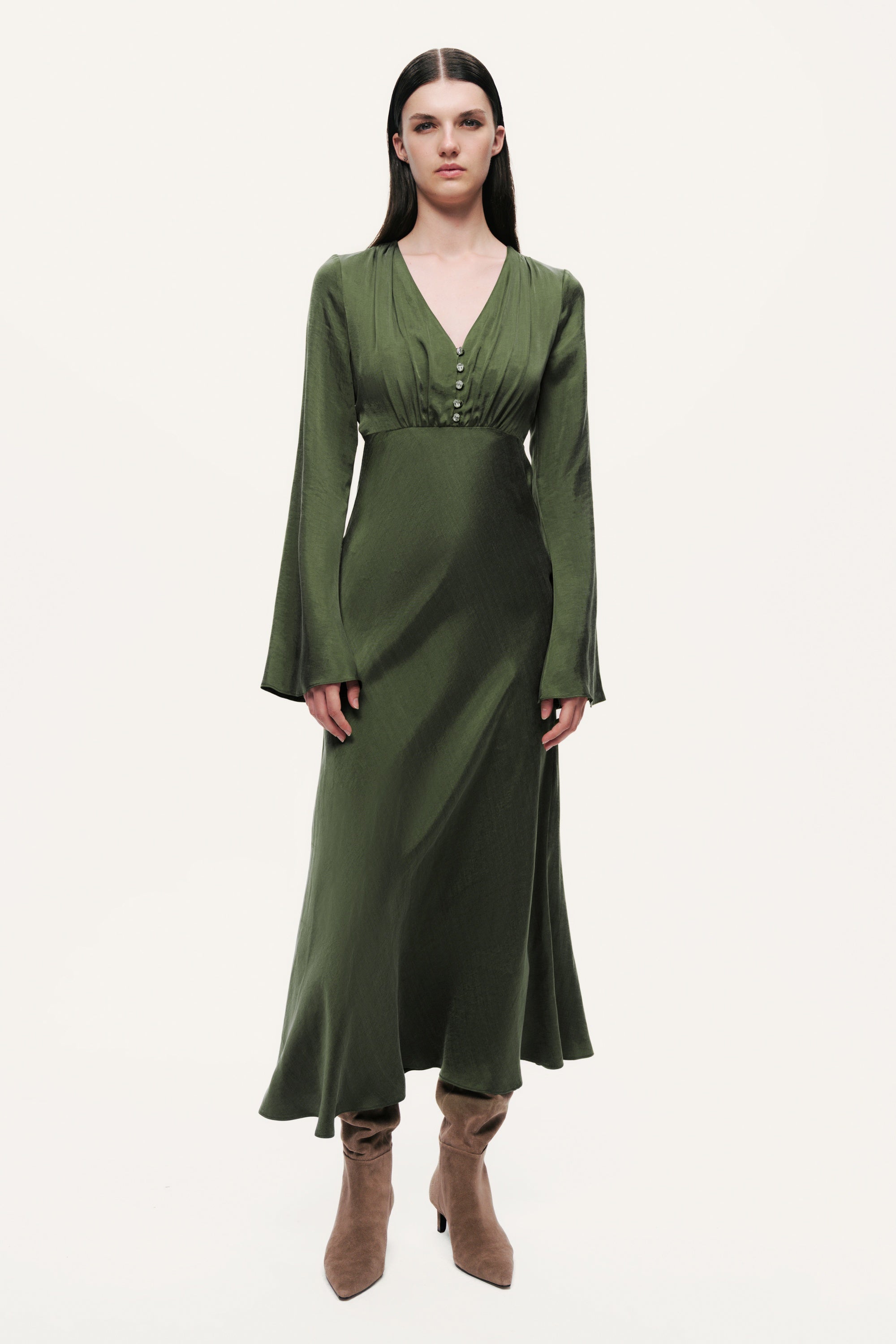 Crystal-Button V-Neck Maxi Dress