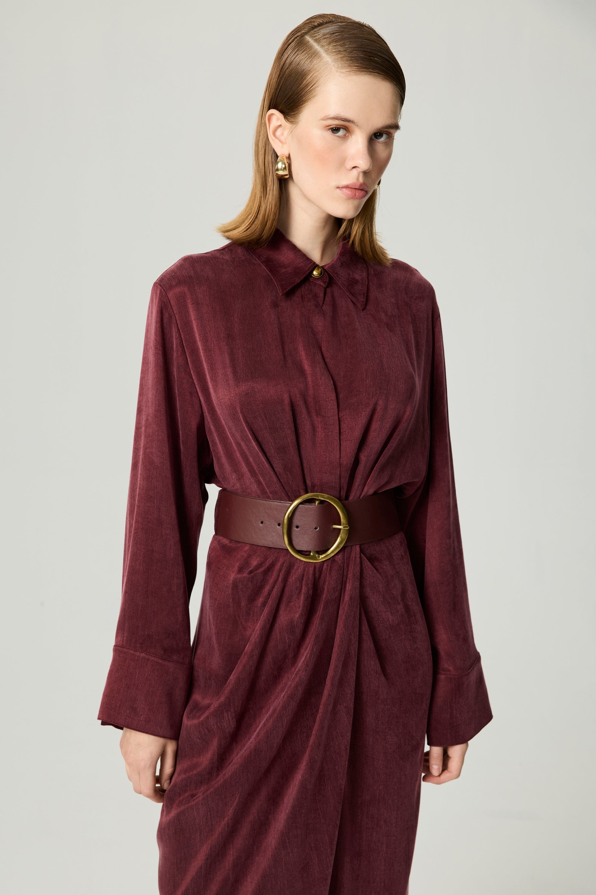 Belted Draped Shirt-Collar Maxi Dress