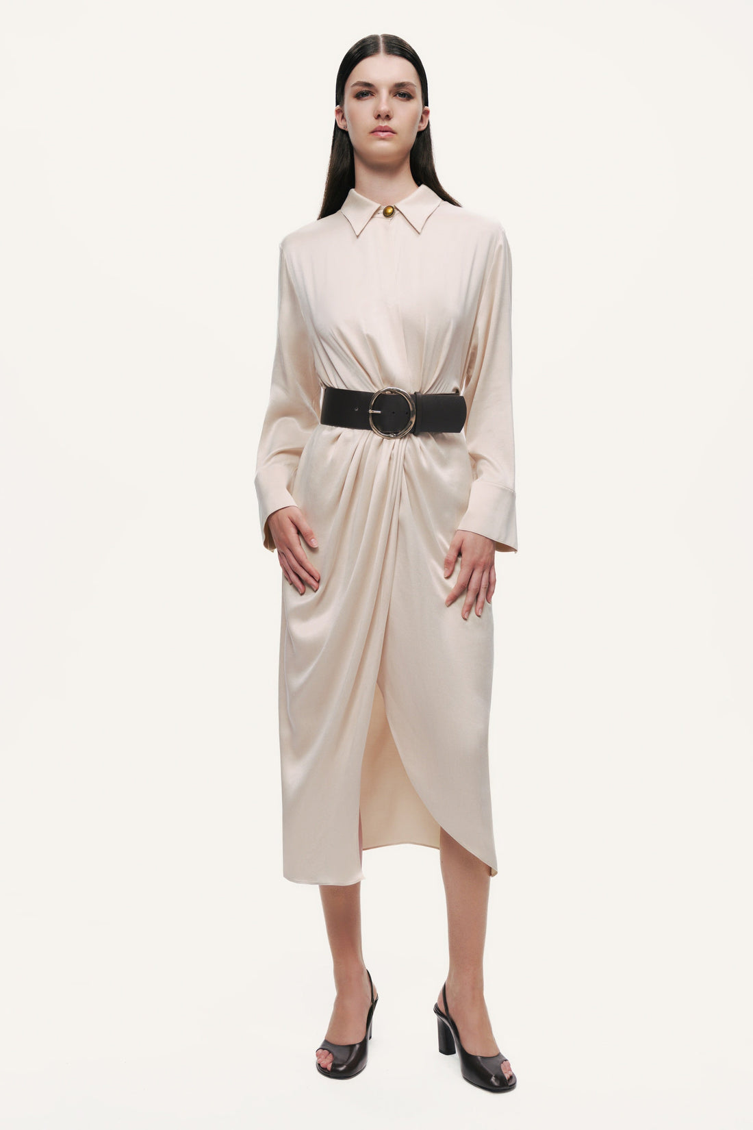 Belted Draped Shirt-Collar Maxi Dress
