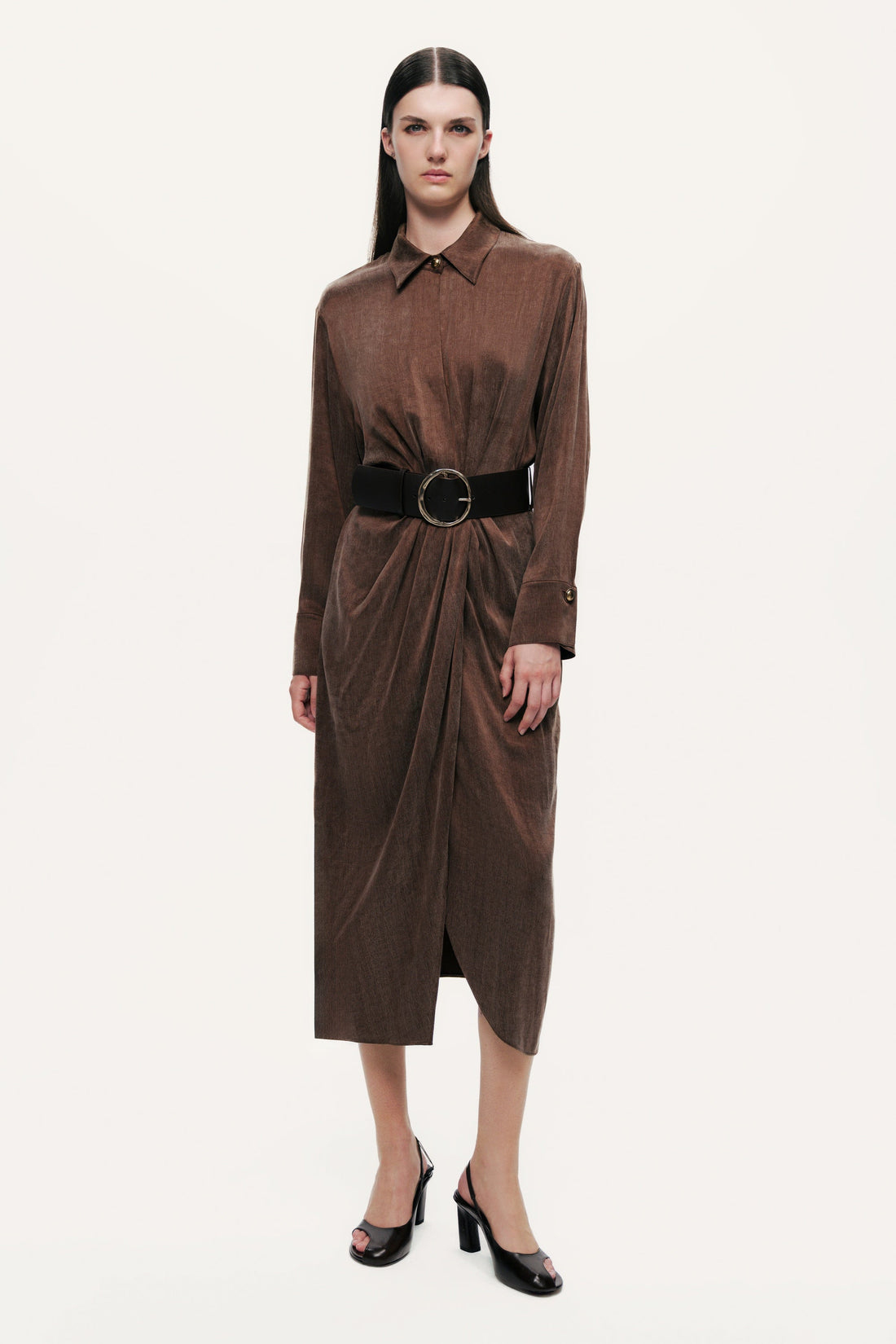 Belted Draped Shirt-Collar Maxi Dress