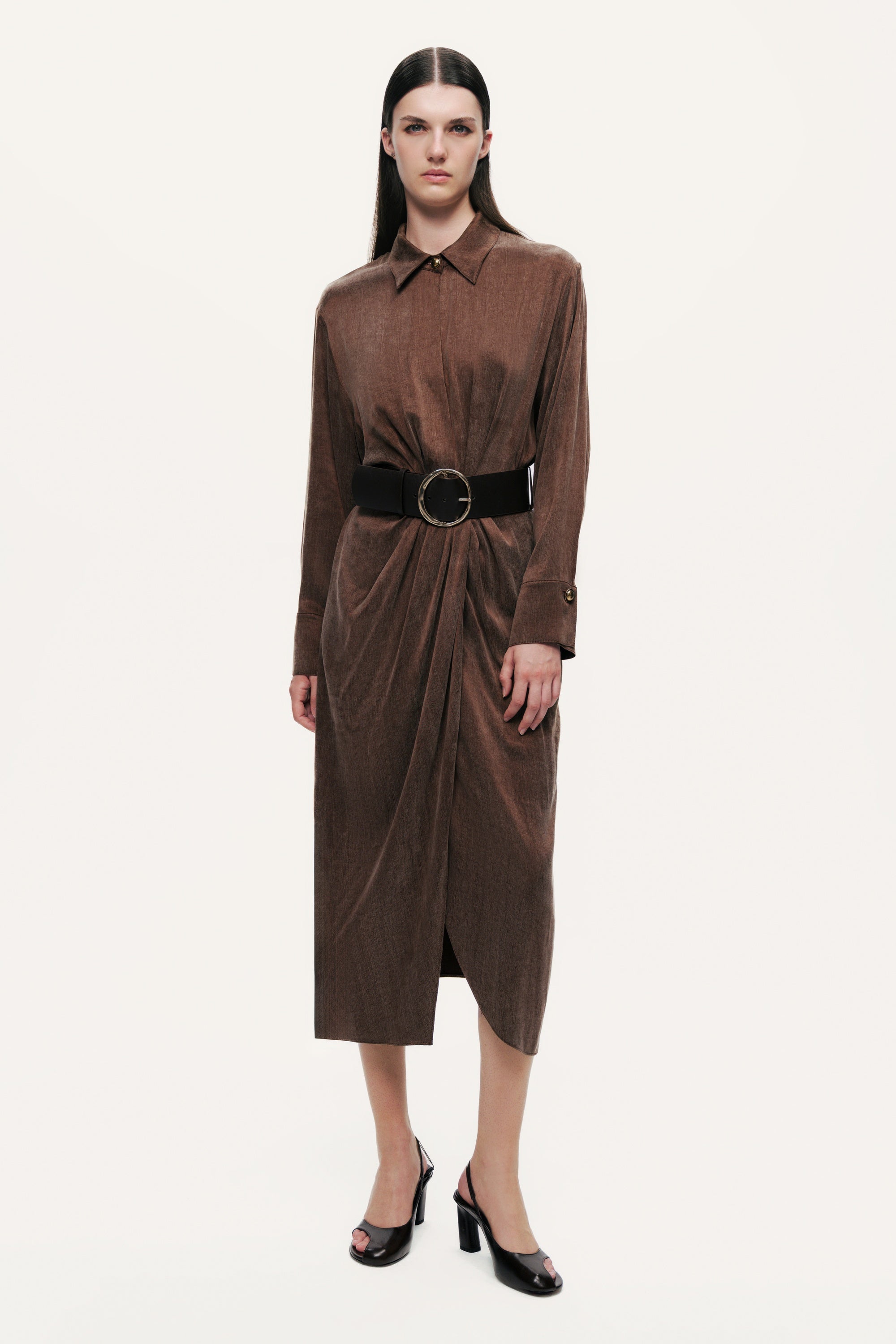 Belted Draped Shirt-Collar Maxi Dress