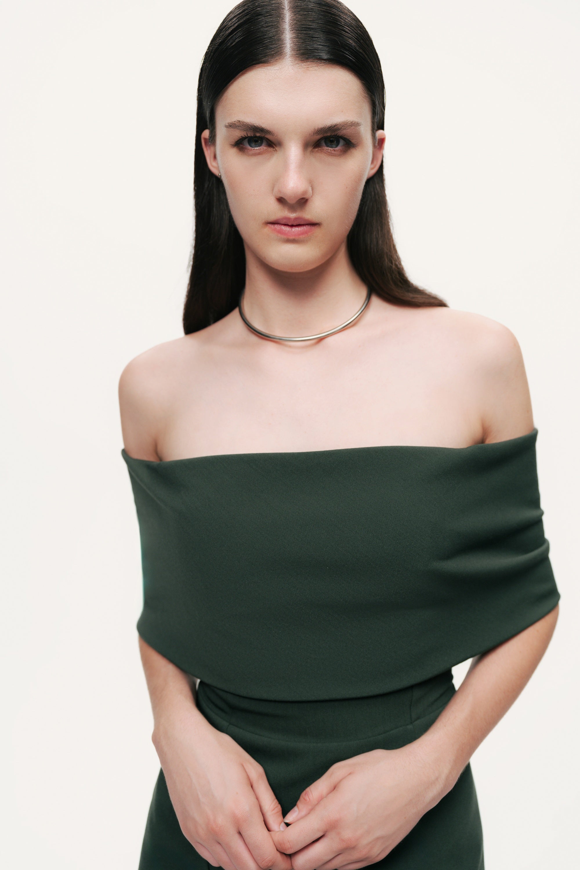 Off-Shoulder Foldover Column Midi Dress