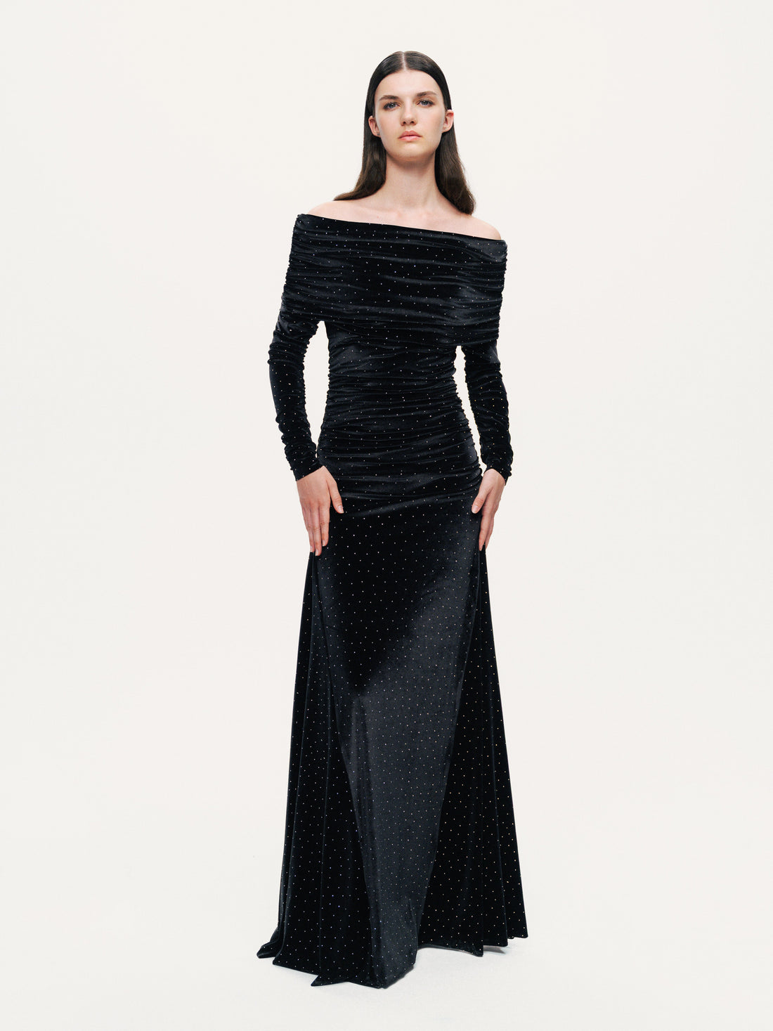 Off-Shoulder Velvet Maxi Dress with Rhinestone Detail