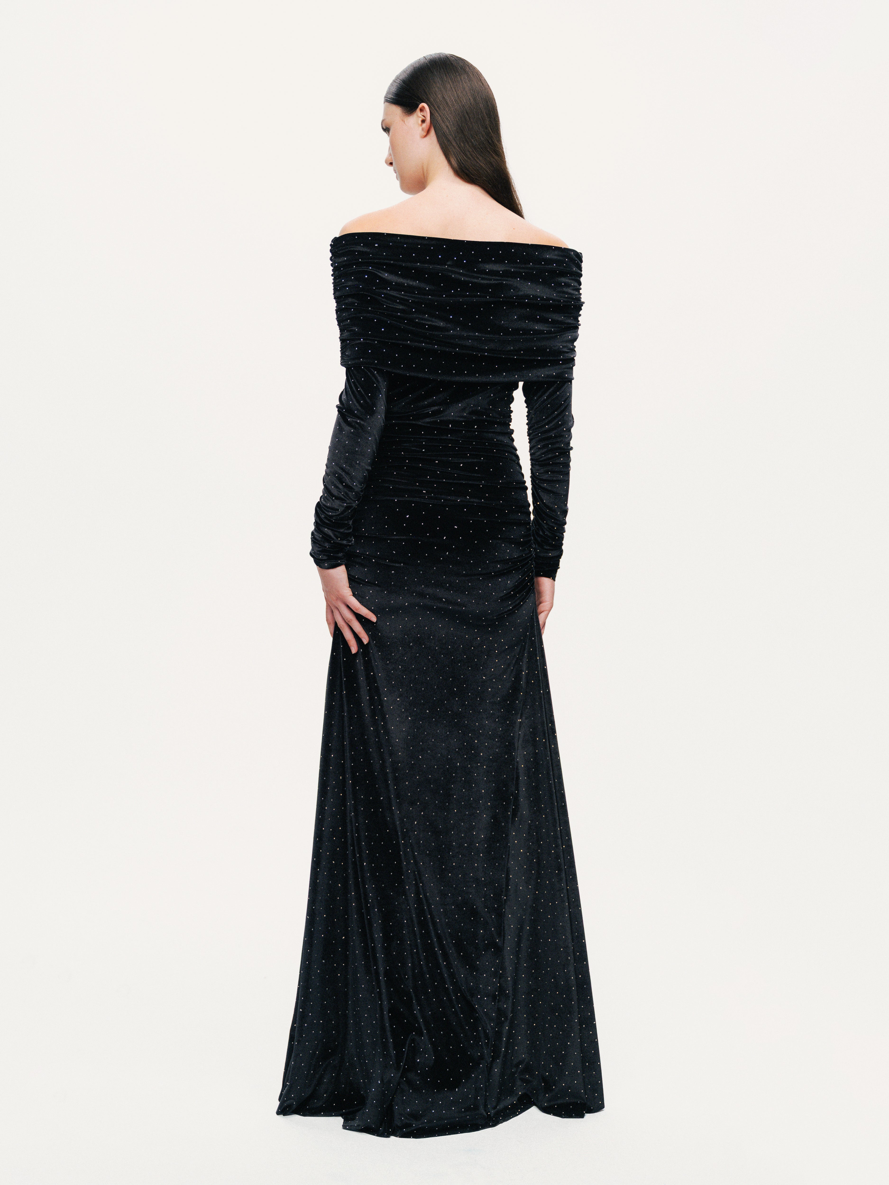 Off-Shoulder Velvet Maxi Dress with Rhinestone Detail