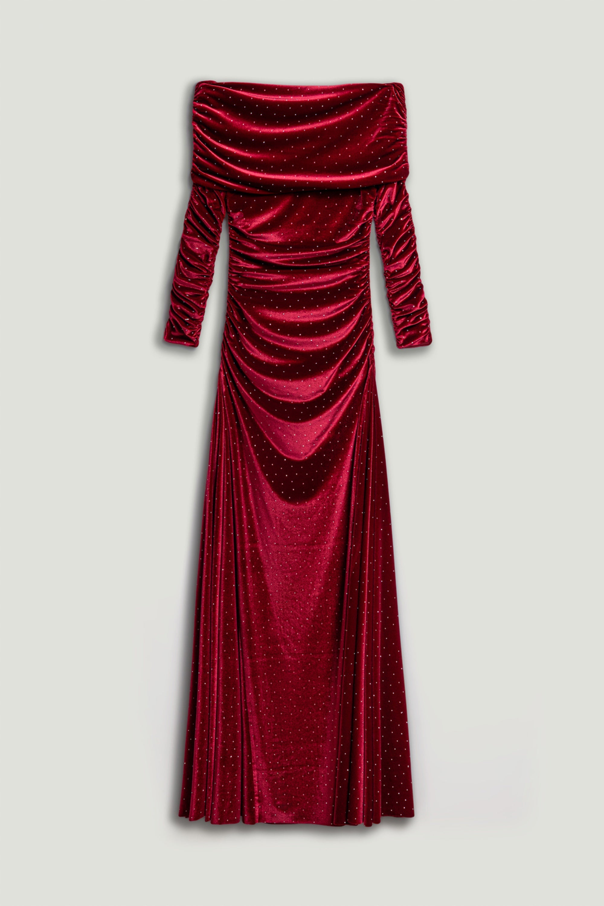 Off-Shoulder Velvet Maxi Dress with Rhinestone Detail