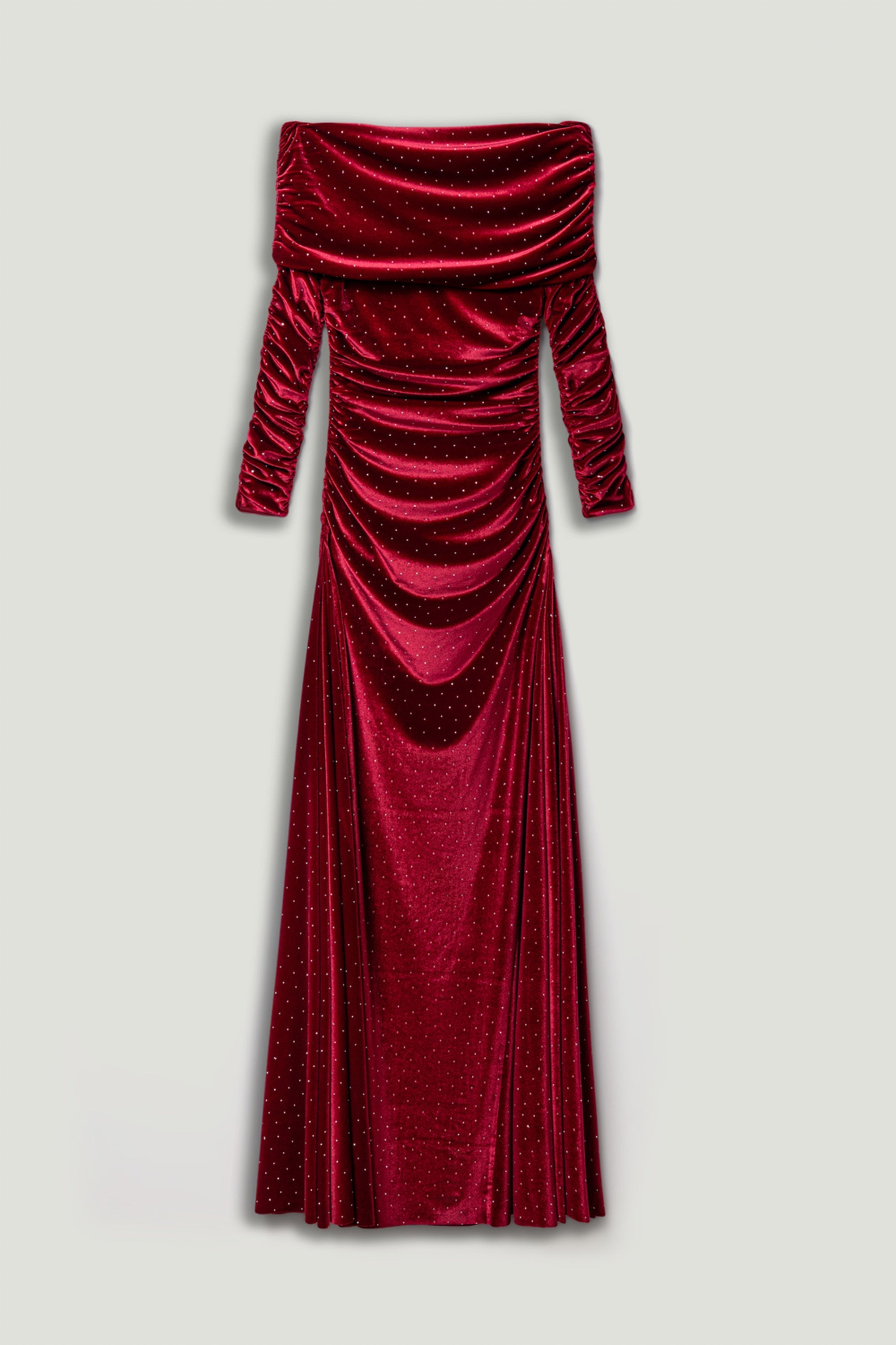 Off-Shoulder Velvet Maxi Dress with Rhinestone Detail