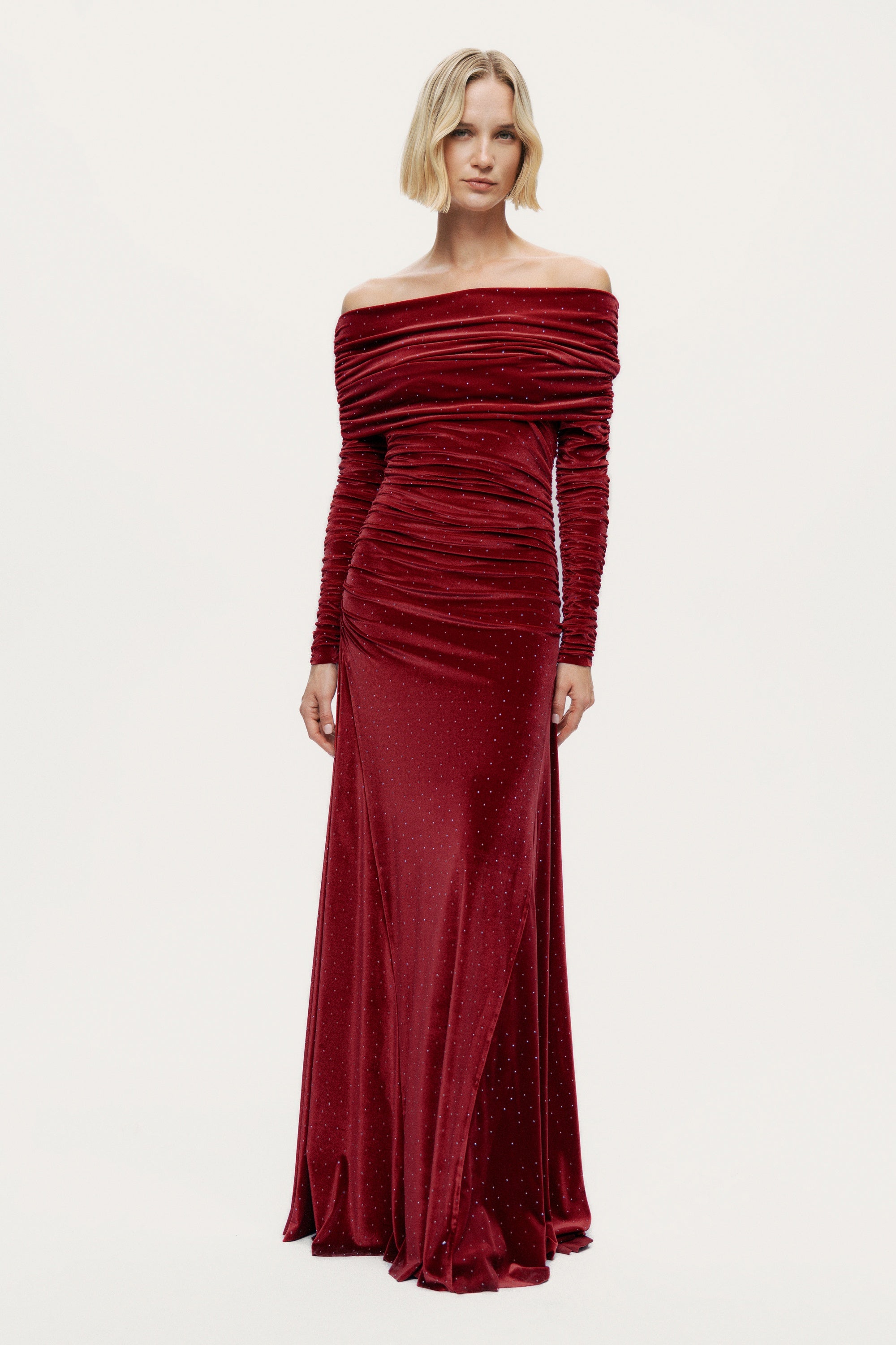 Off-Shoulder Velvet Maxi Dress with Rhinestone Detail