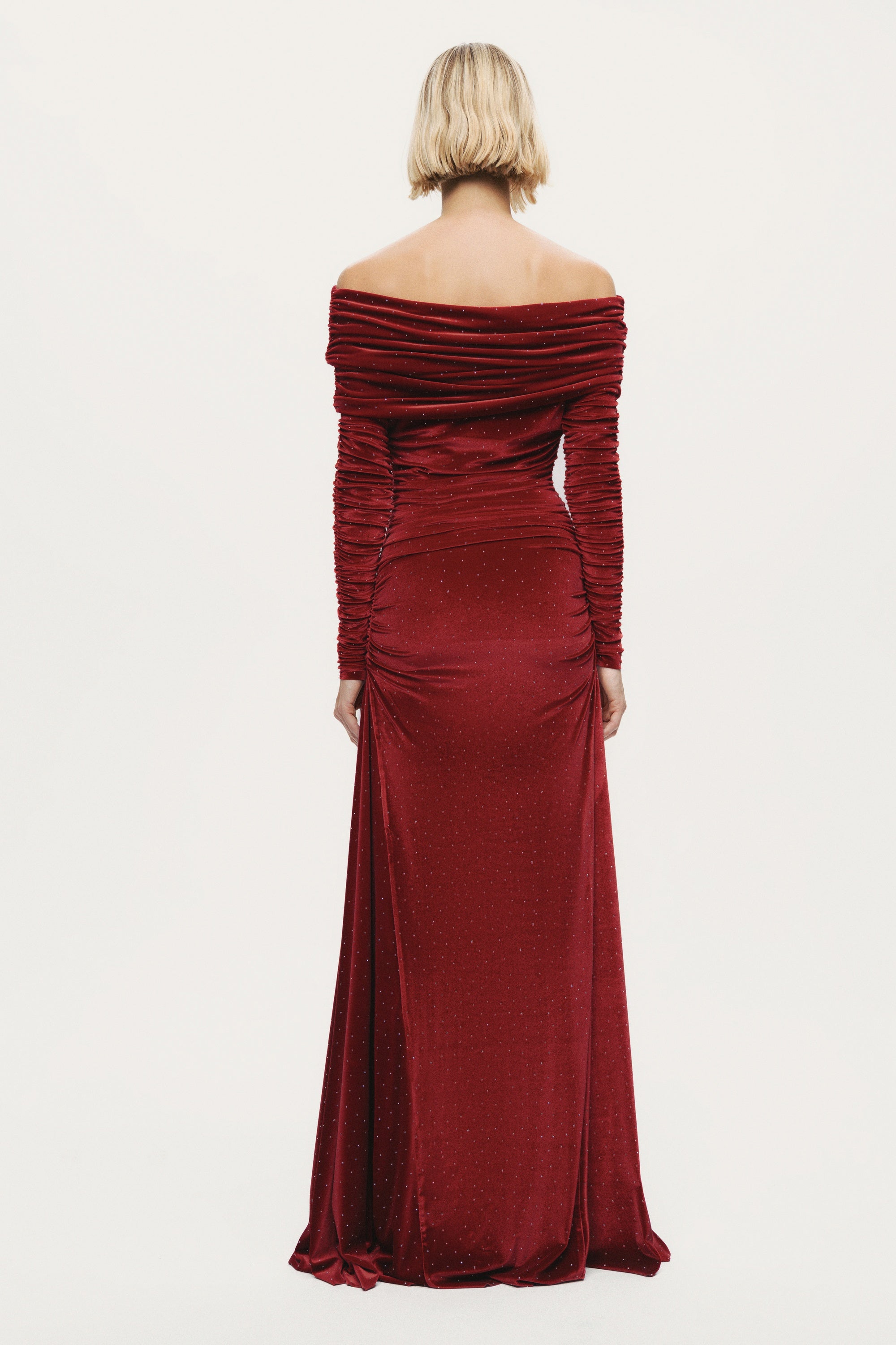 Off-Shoulder Velvet Maxi Dress with Rhinestone Detail