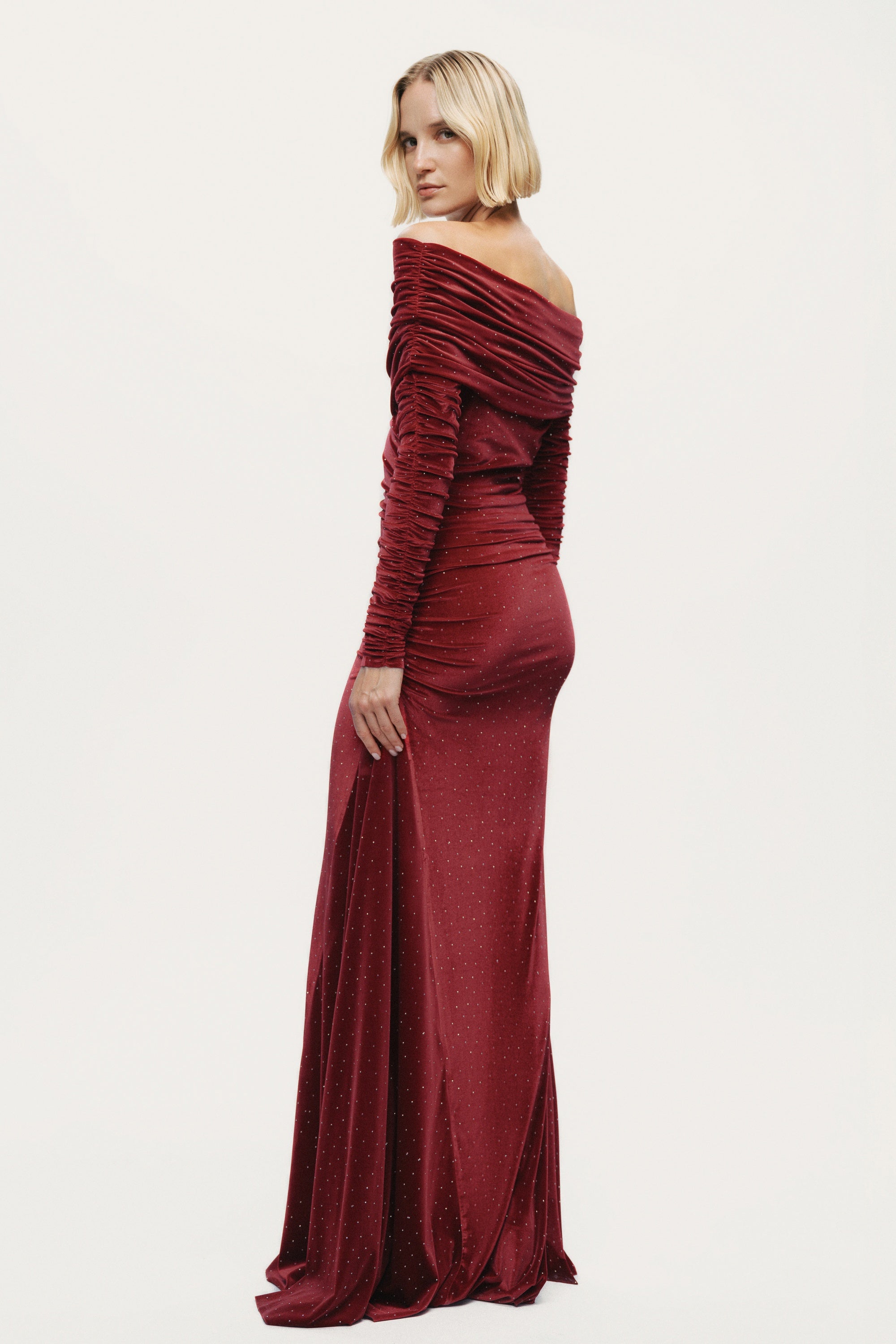 Off-Shoulder Velvet Maxi Dress with Rhinestone Detail
