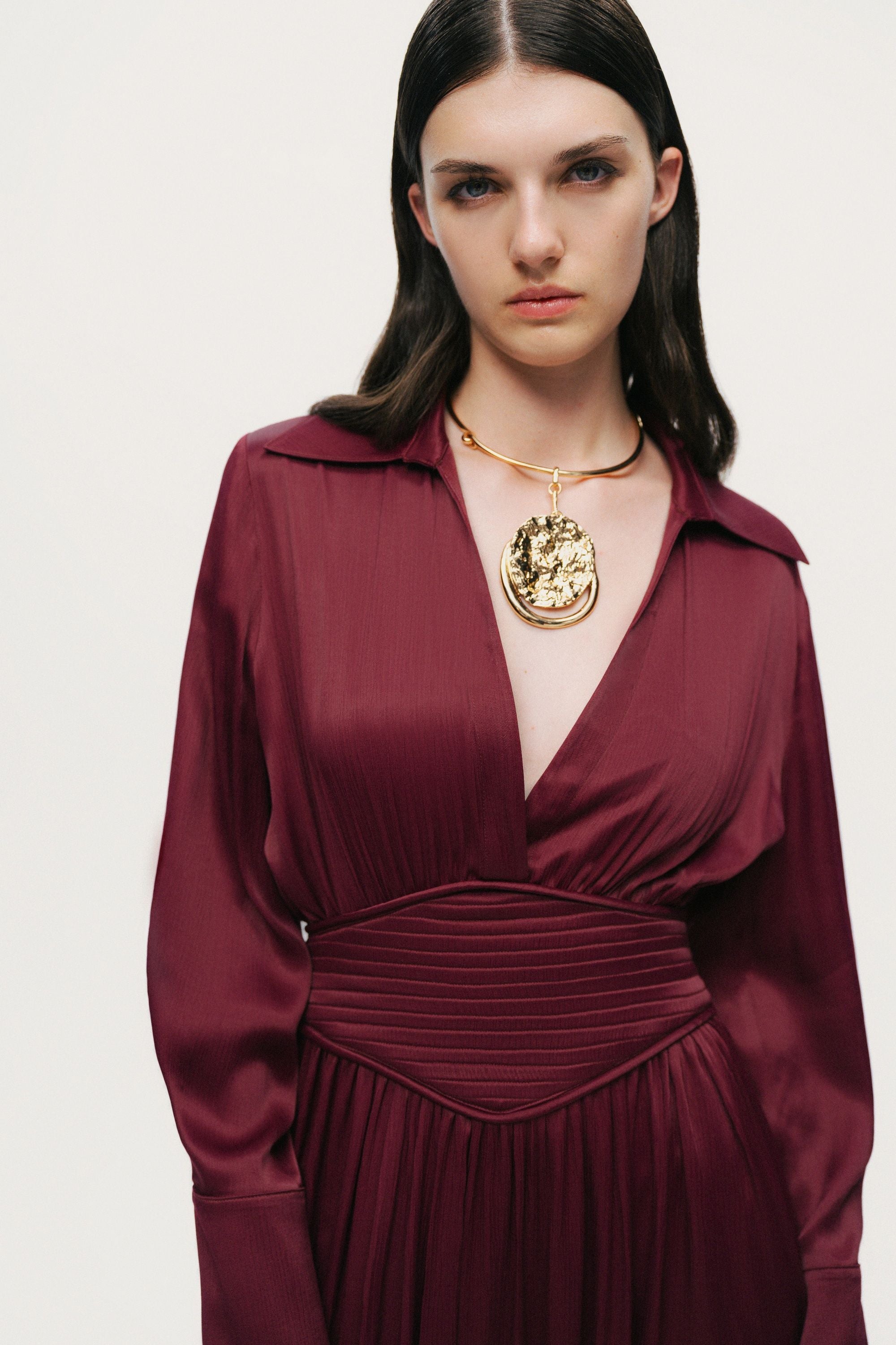 Plunging V-Neck Collared Midi Dress