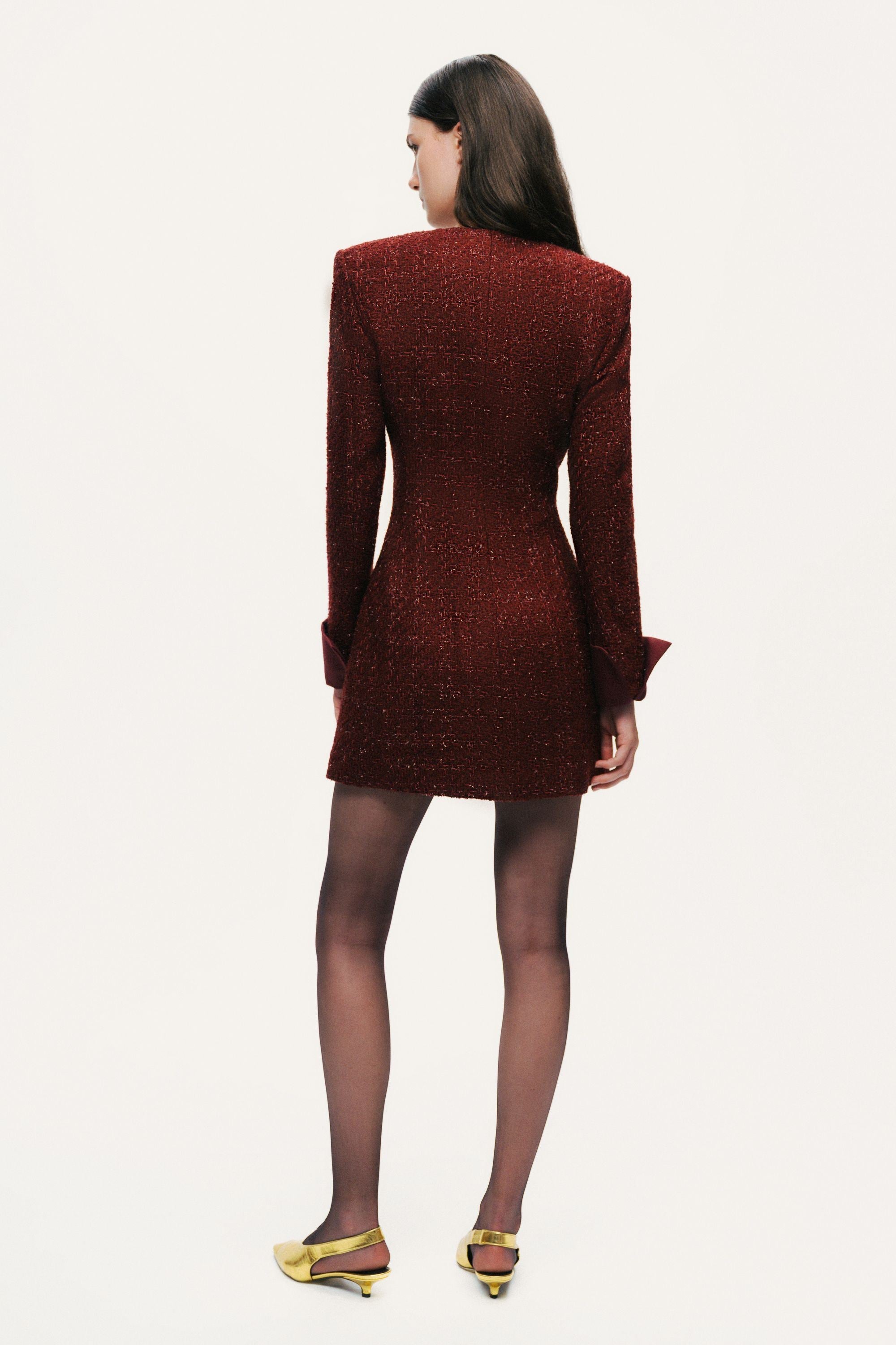 Gold-Button Bouclé Mini Dress