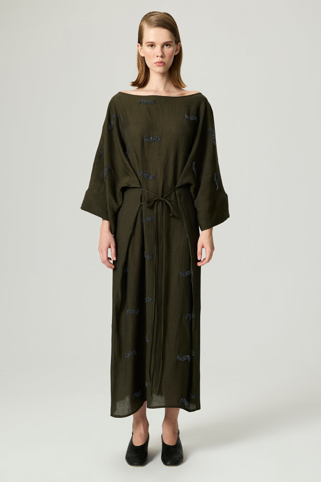 Embroidered Crinkle-Knit Kimono Maxi Dress